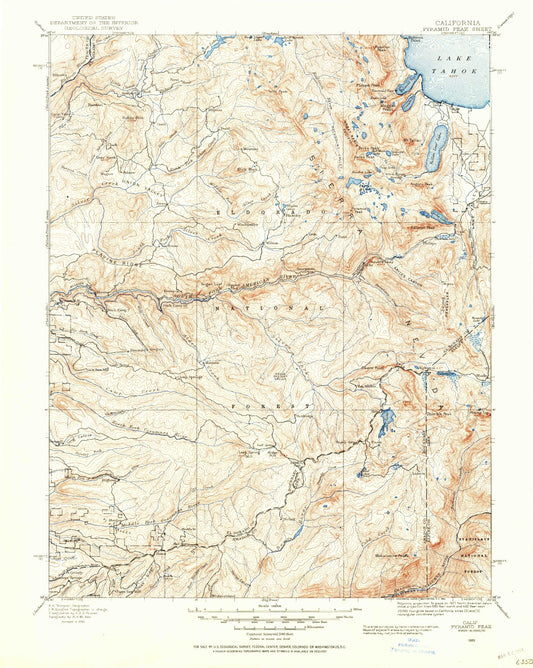Historic 1889 Pyramid Peak California 30'x30' Topo Map Image