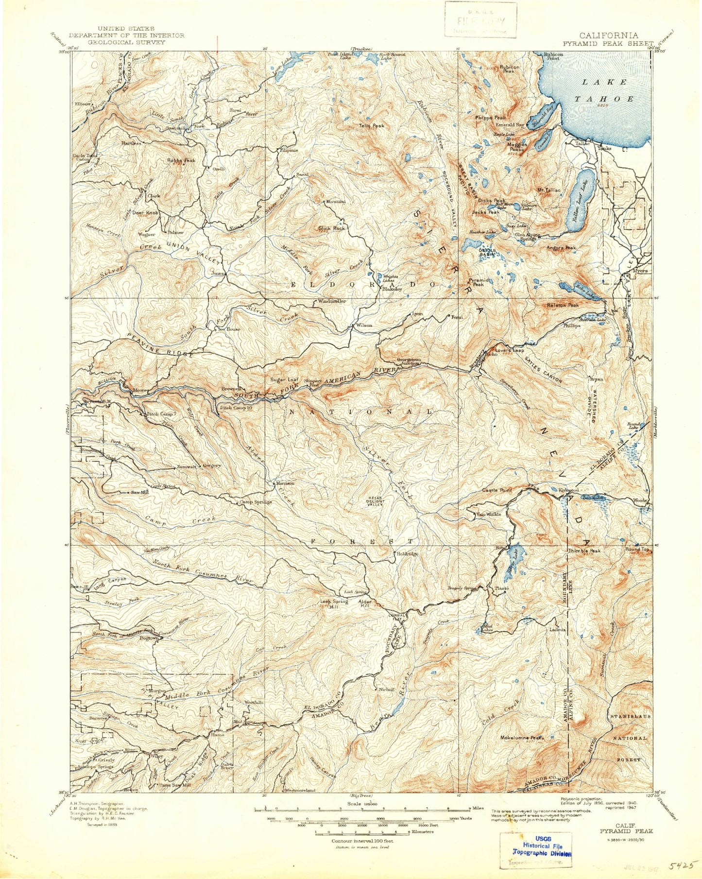 Historic 1896 Pyramid Peak California 30'x30' Topo Map Image