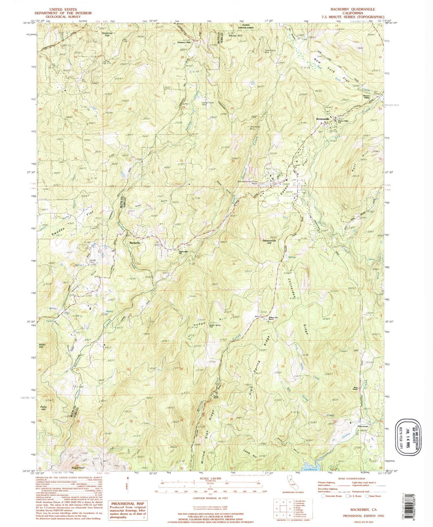 Classic USGS Rackerby California 7.5'x7.5' Topo Map Image