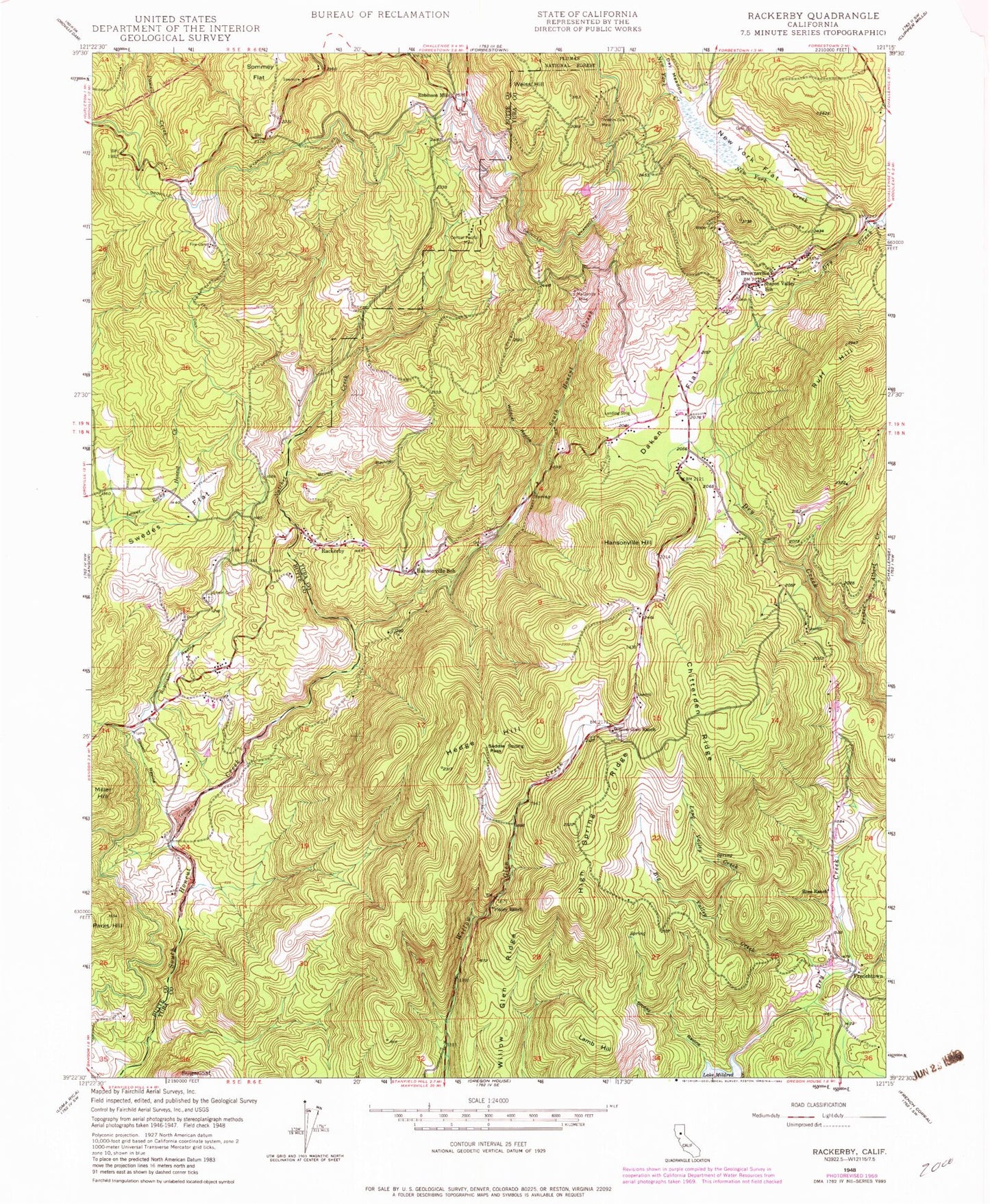 Classic USGS Rackerby California 7.5'x7.5' Topo Map Image
