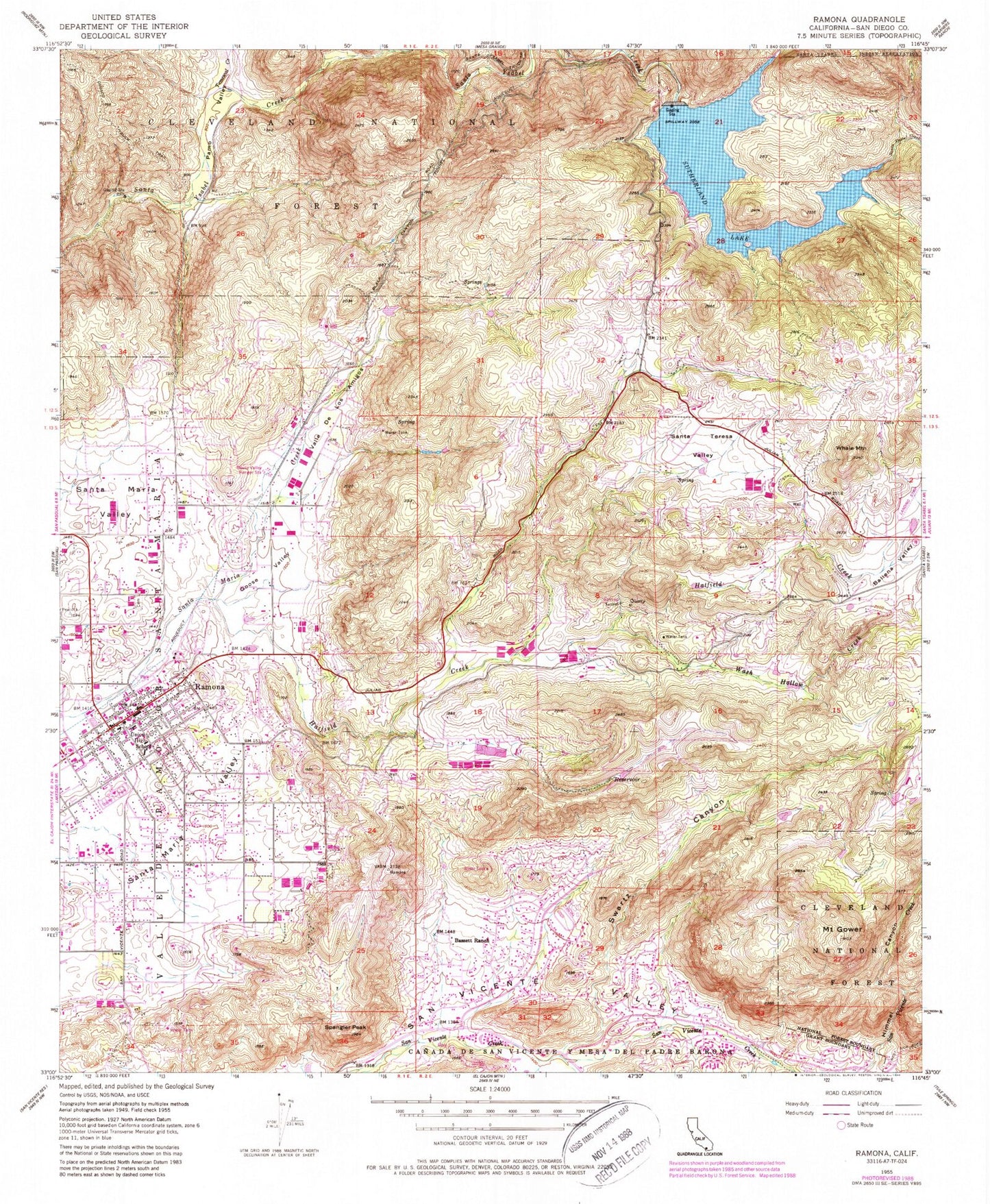 Classic USGS Ramona California 7.5'x7.5' Topo Map Image
