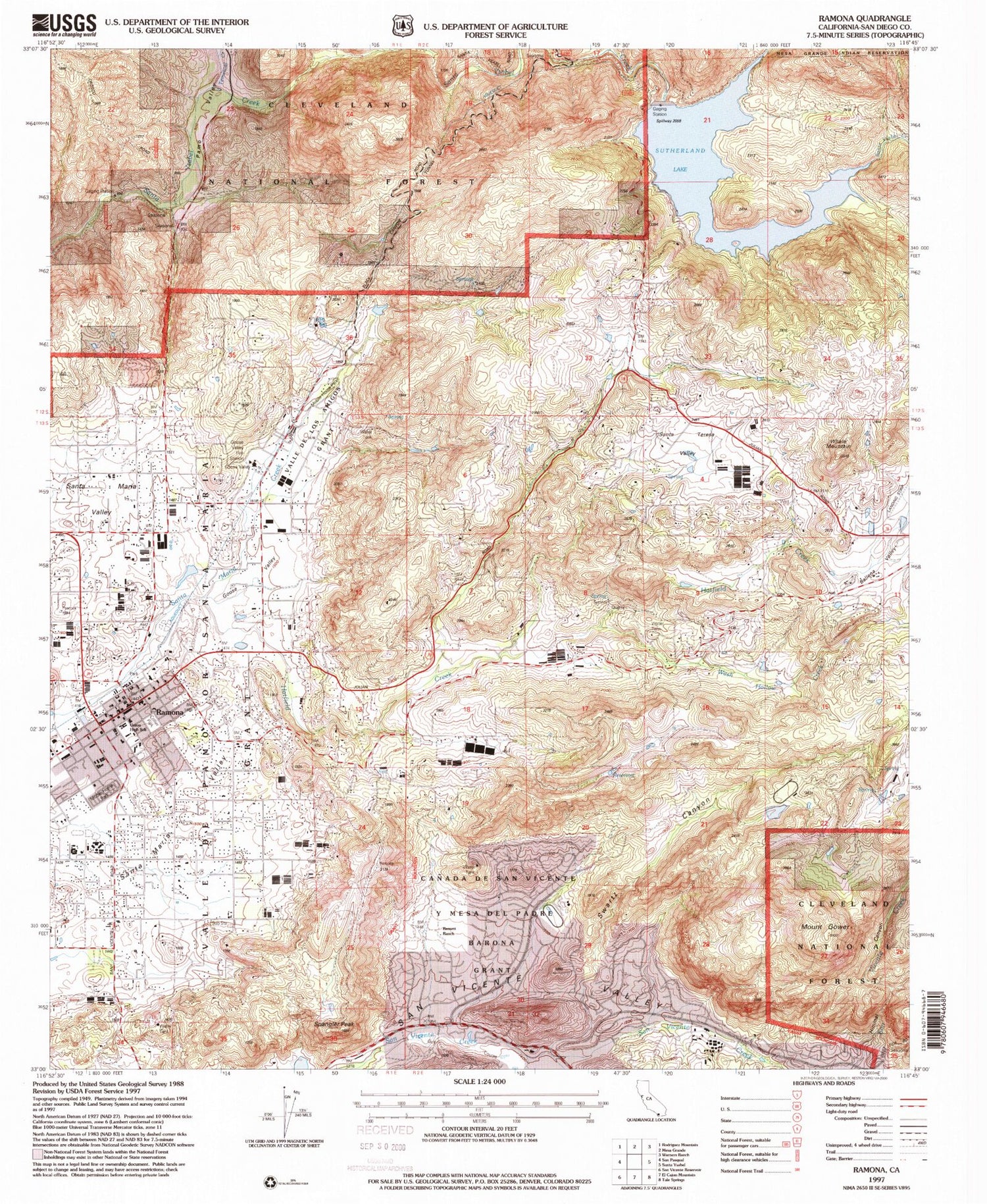 Classic USGS Ramona California 7.5'x7.5' Topo Map Image