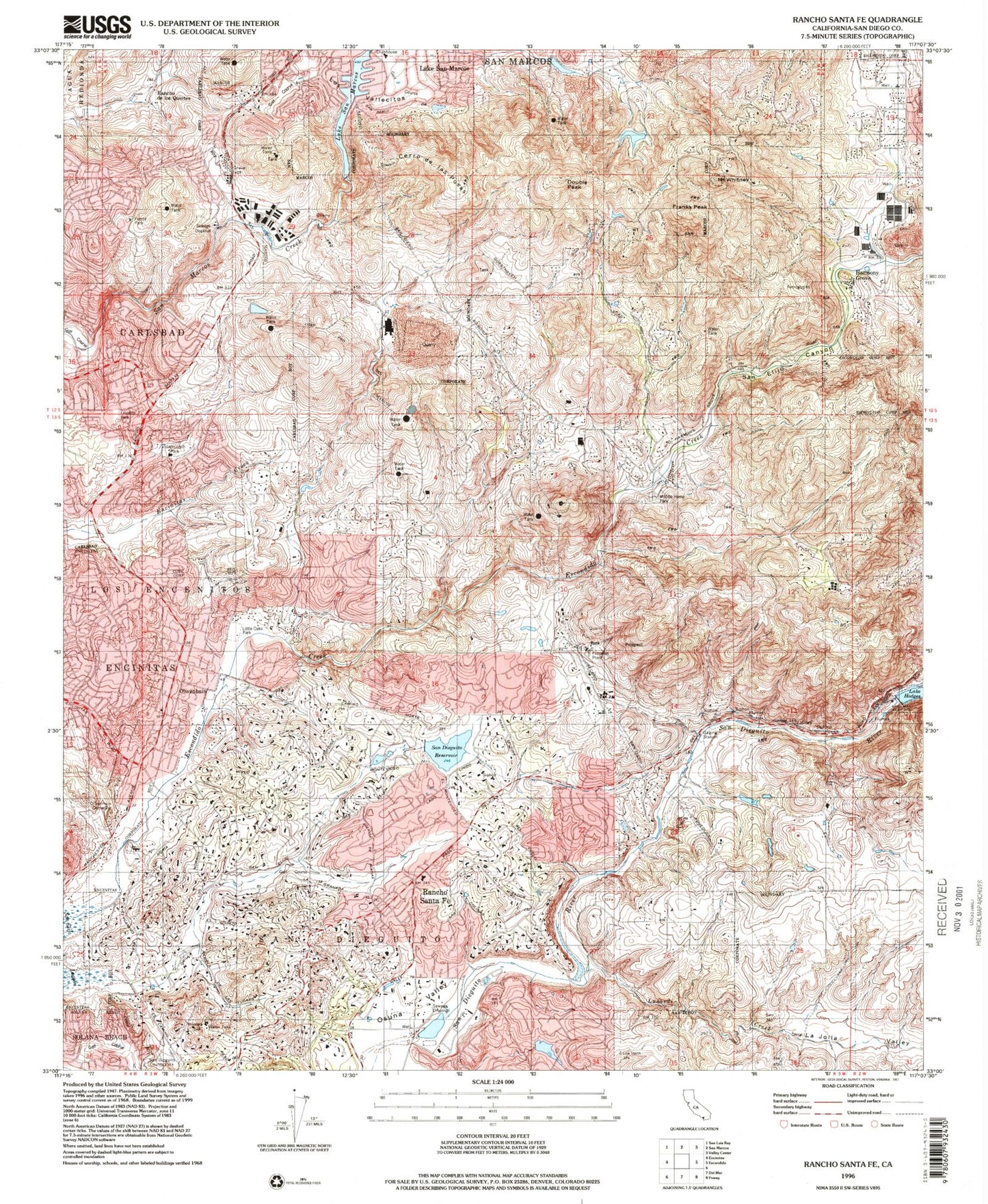 Classic USGS Rancho Santa Fe California 7.5'x7.5' Topo Map Image