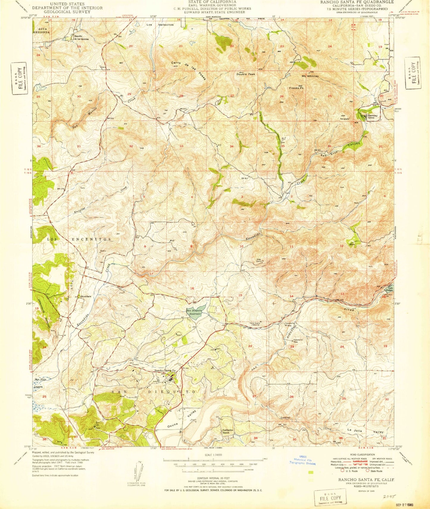Classic USGS Rancho Santa Fe California 7.5'x7.5' Topo Map Image