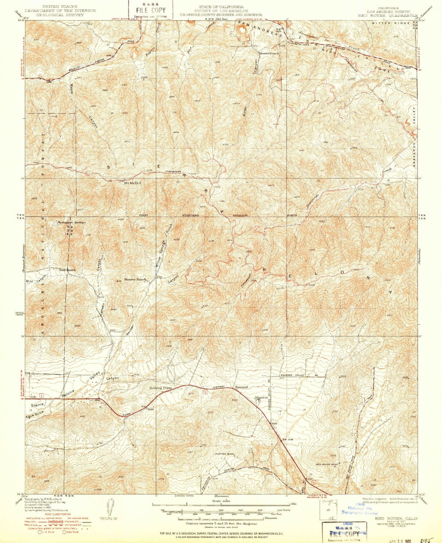 Classic USGS Red Rover California 7.5'x7.5' Topo Map Image