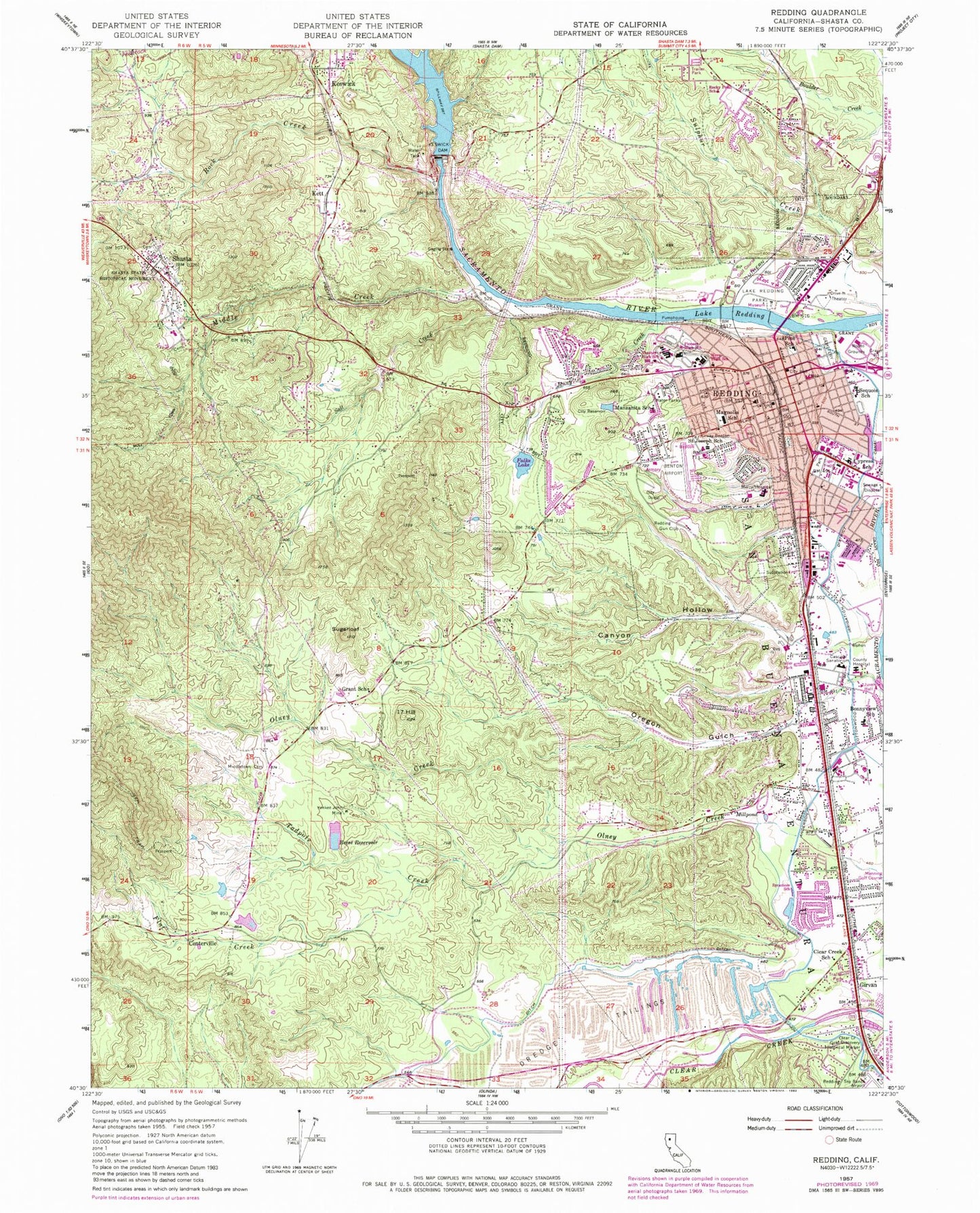Classic USGS Redding California 7.5'x7.5' Topo Map Image