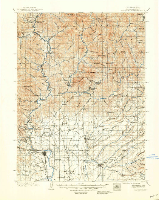 Historic 1901 Redding California 30'x30' Topo Map Image