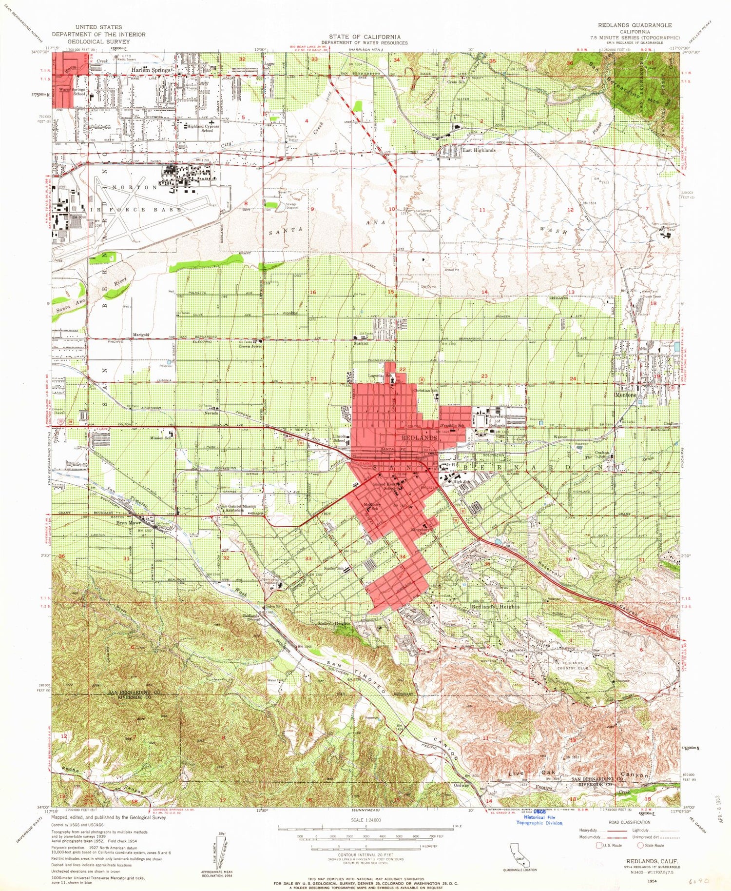 Classic USGS Redlands California 7.5'x7.5' Topo Map Image