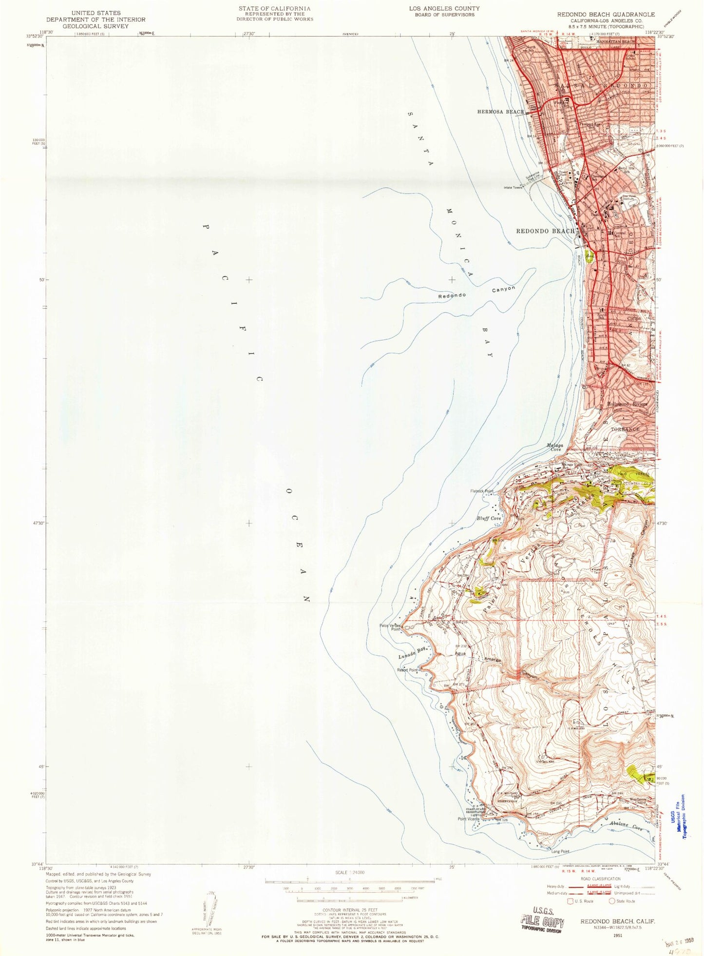 Classic USGS Redondo Beach California 7.5'x7.5' Topo Map Image