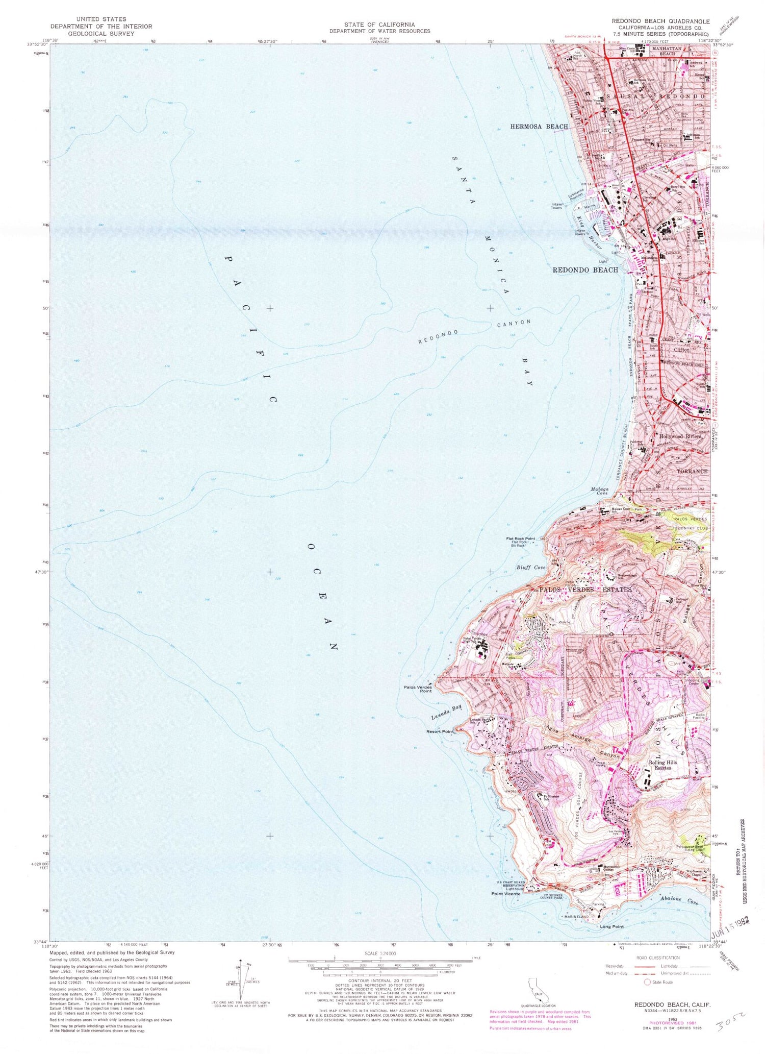 Classic USGS Redondo Beach California 7.5'x7.5' Topo Map Image