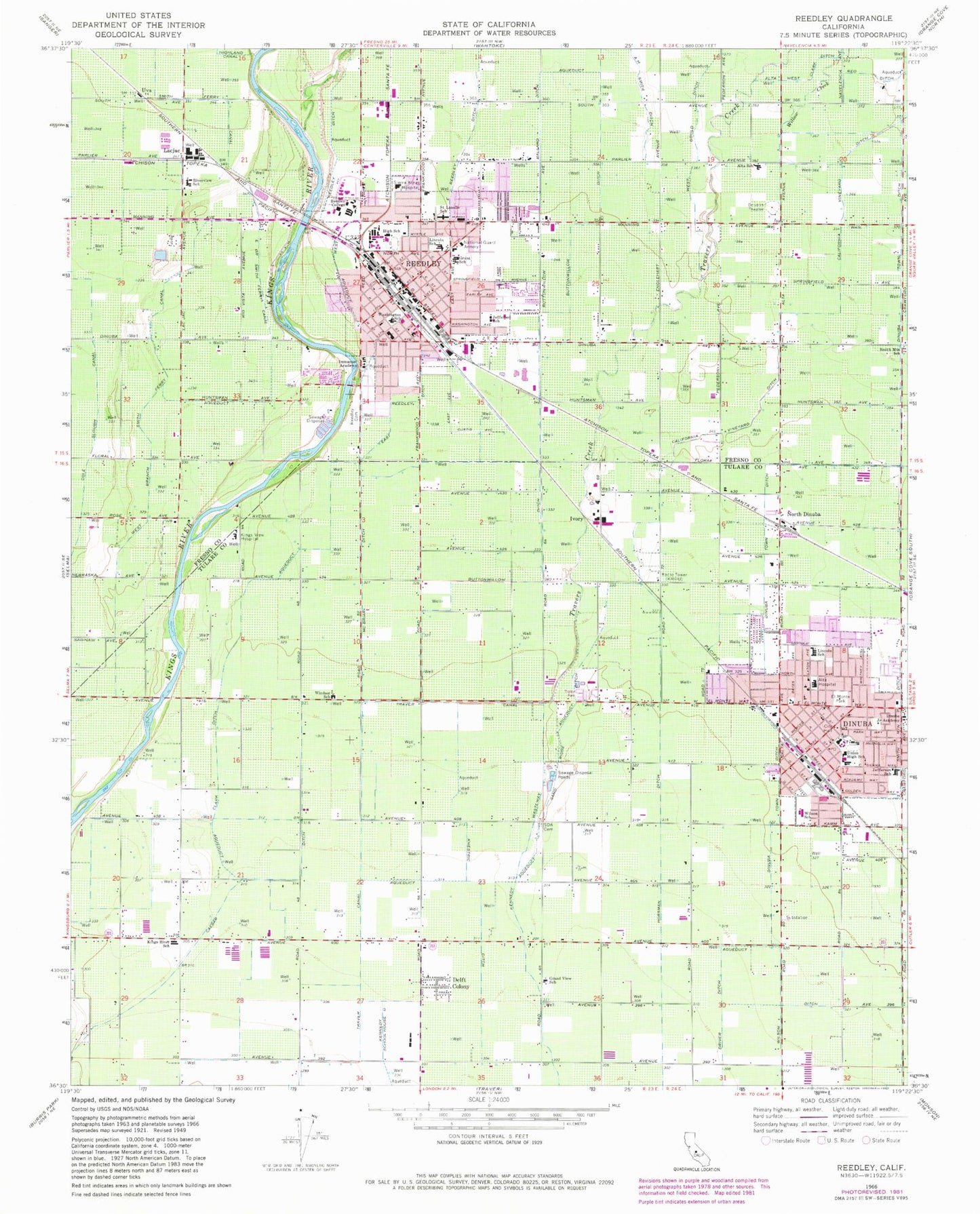 Classic USGS Reedley California 7.5'x7.5' Topo Map Image