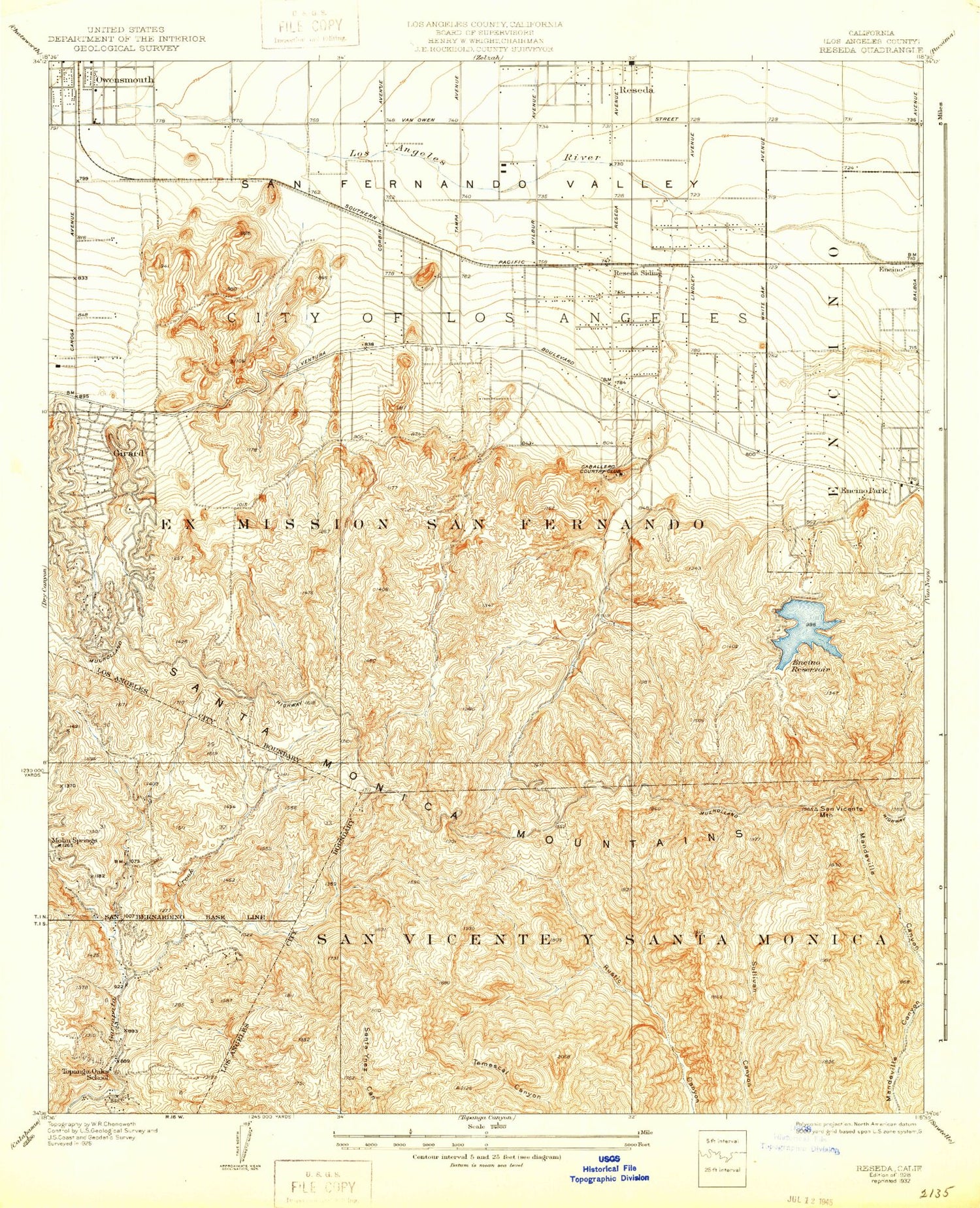 Classic USGS Reseda California 7.5'x7.5' Topo Map Image