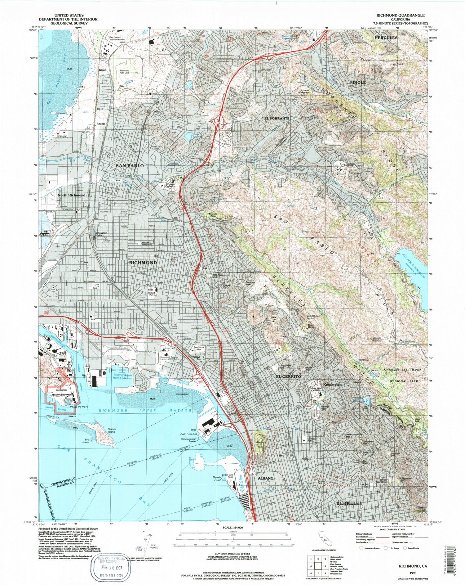 Classic USGS Richmond California 7.5'x7.5' Topo Map Image