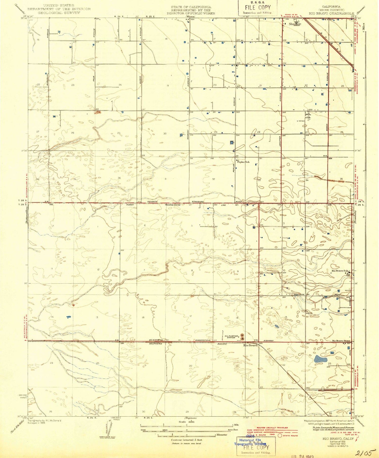Classic USGS Rio Bravo California 7.5'x7.5' Topo Map Image