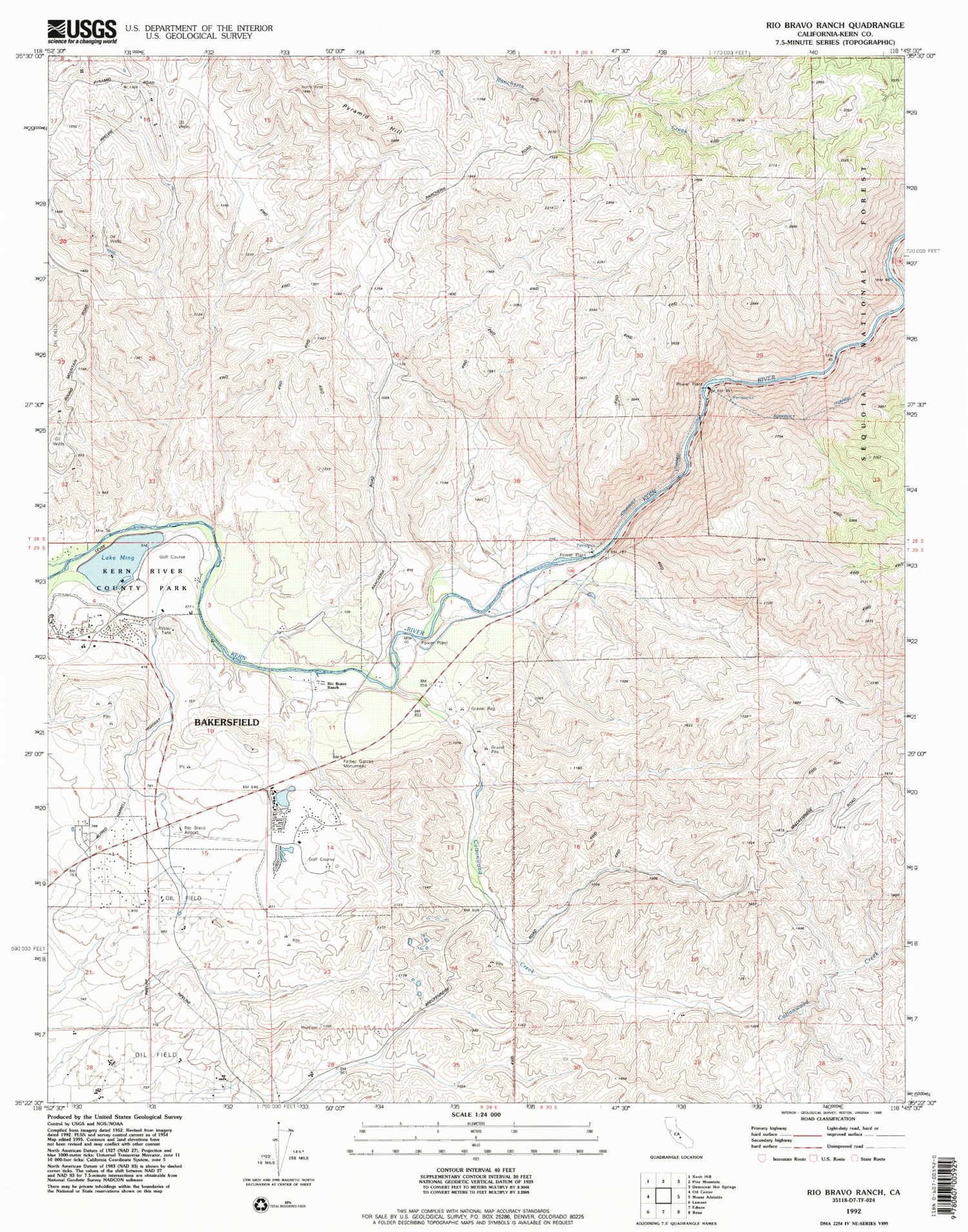 Classic USGS Rio Bravo Ranch California 7.5'x7.5' Topo Map Image