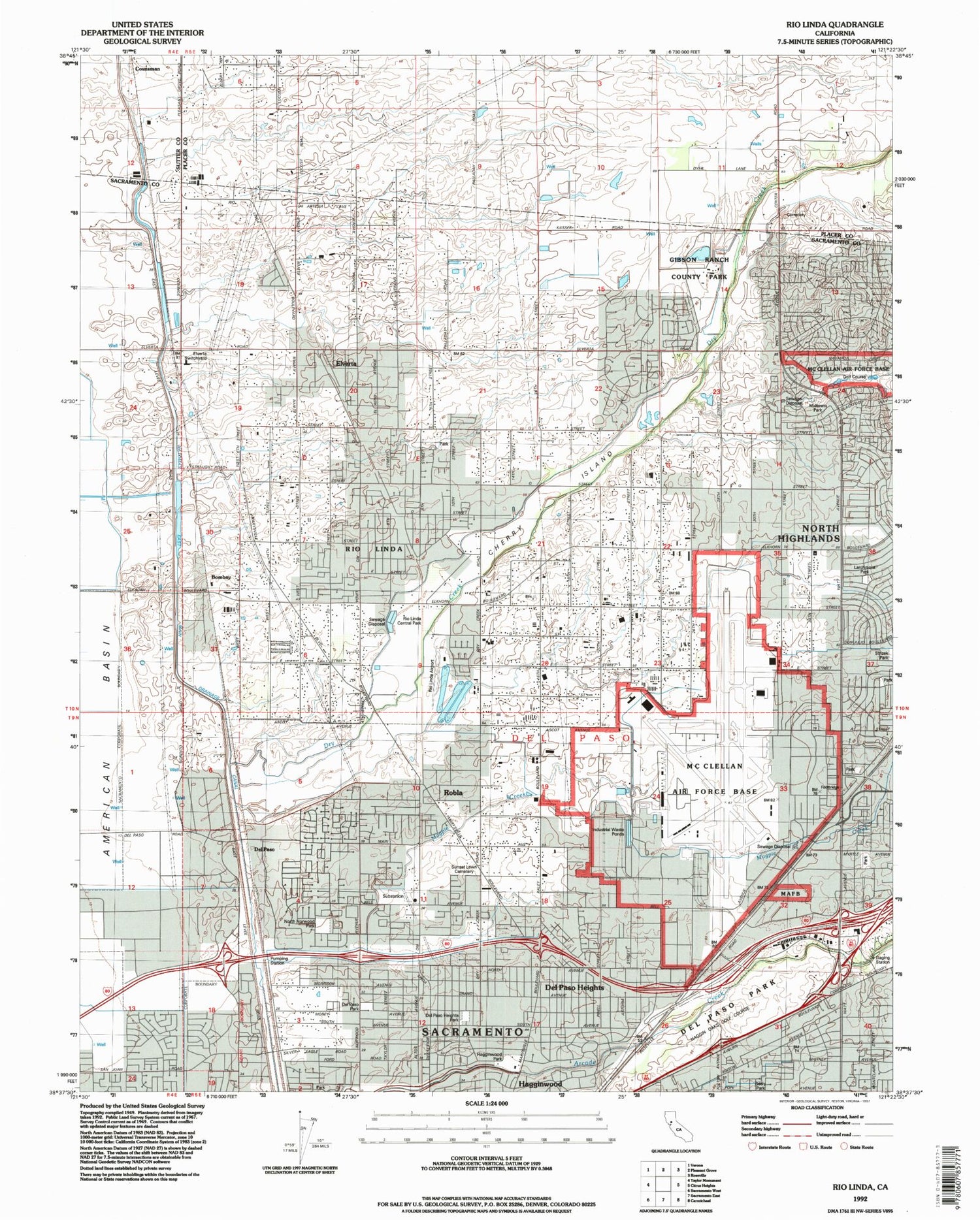 Classic USGS Rio Linda California 7.5'x7.5' Topo Map Image