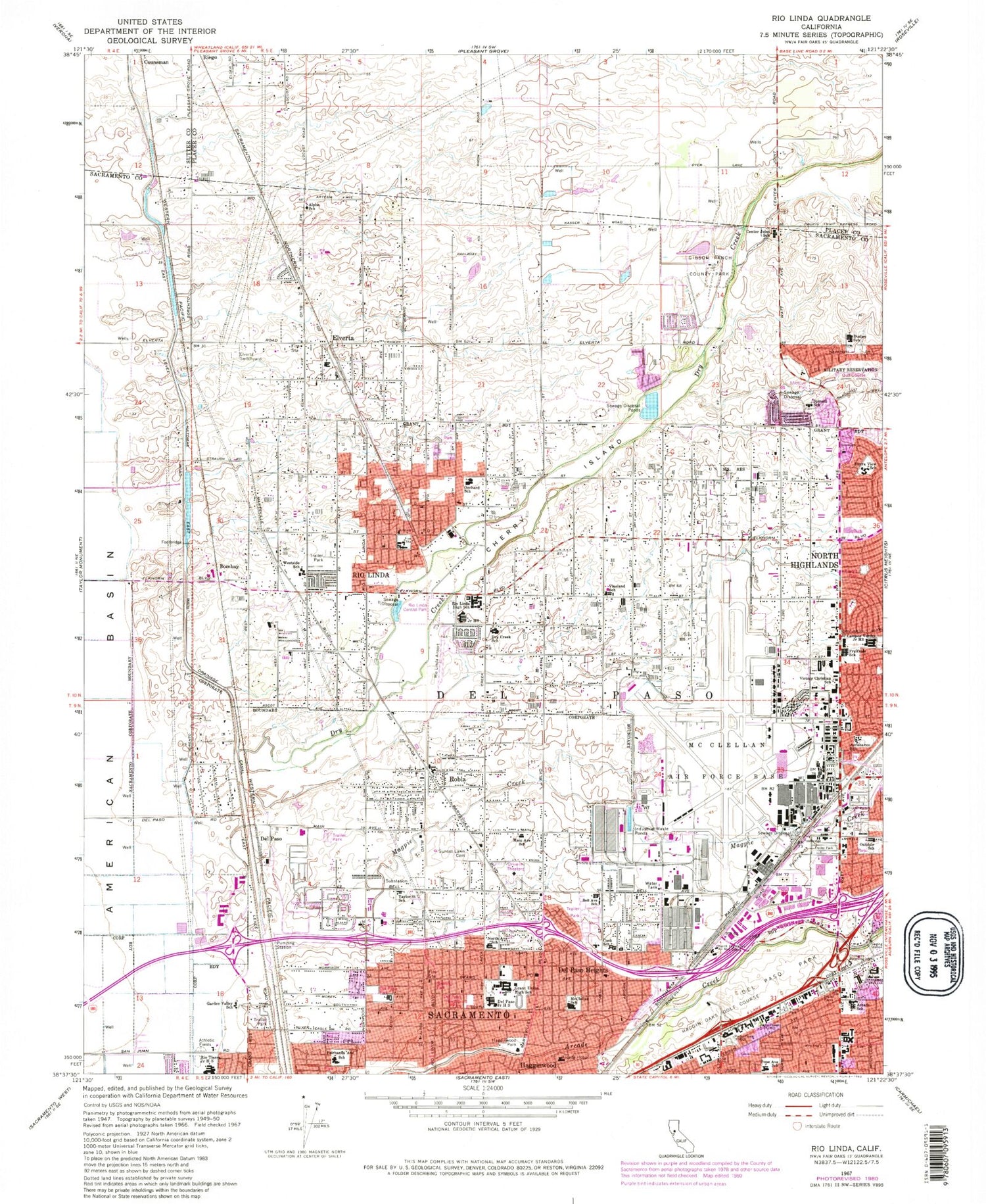 Classic USGS Rio Linda California 7.5'x7.5' Topo Map Image