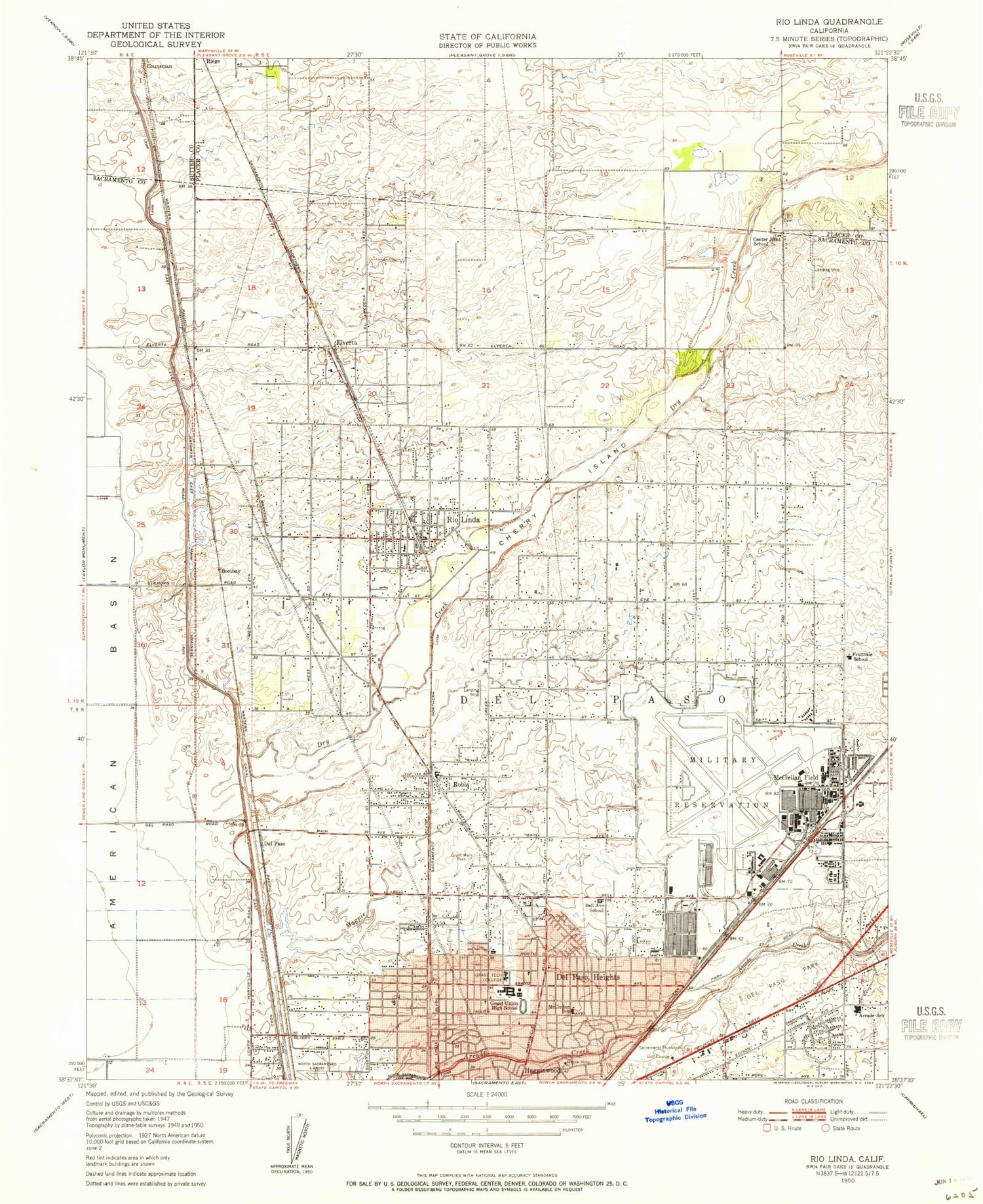 Classic USGS Rio Linda California 7.5'x7.5' Topo Map Image