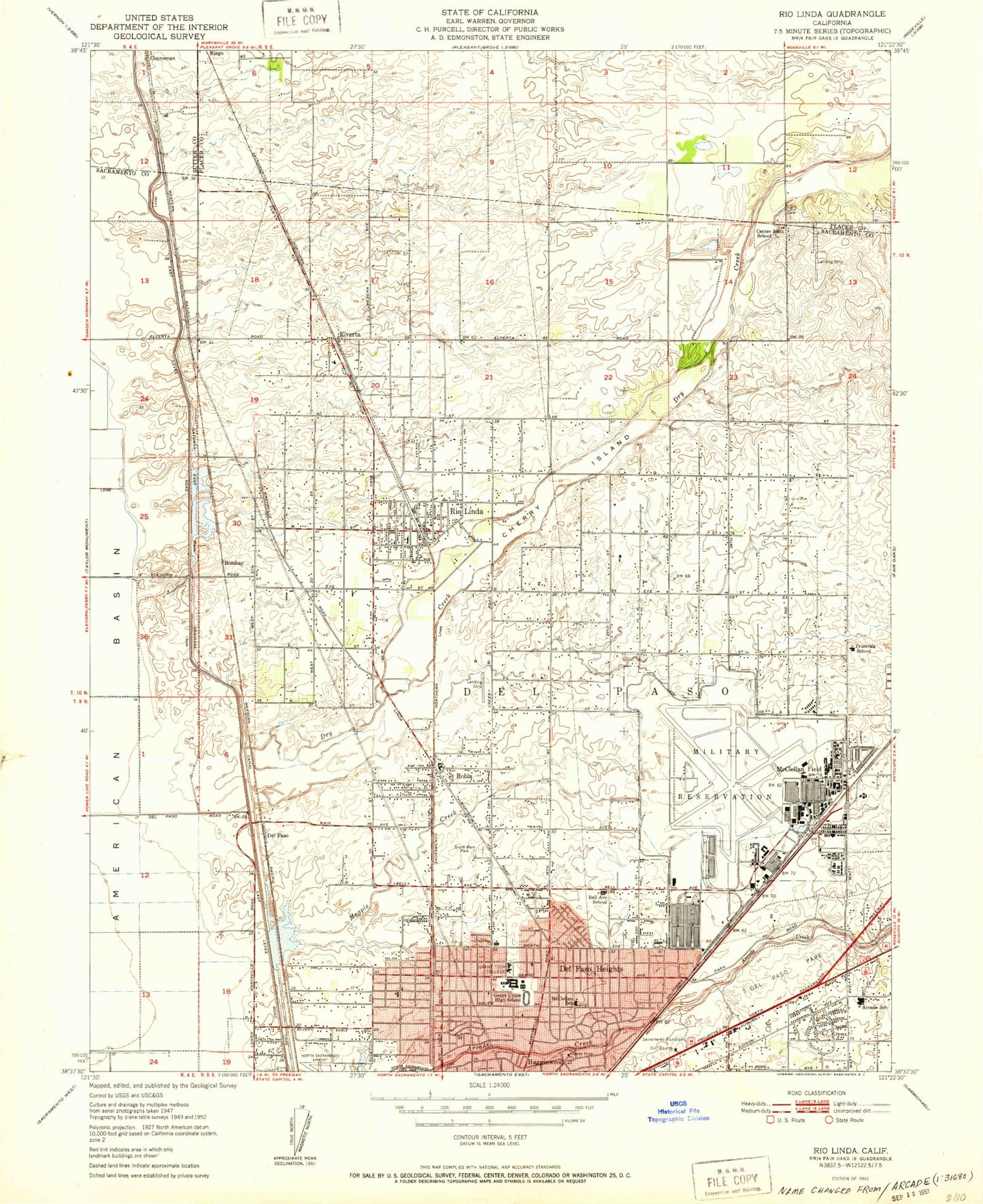 Classic USGS Rio Linda California 7.5'x7.5' Topo Map Image