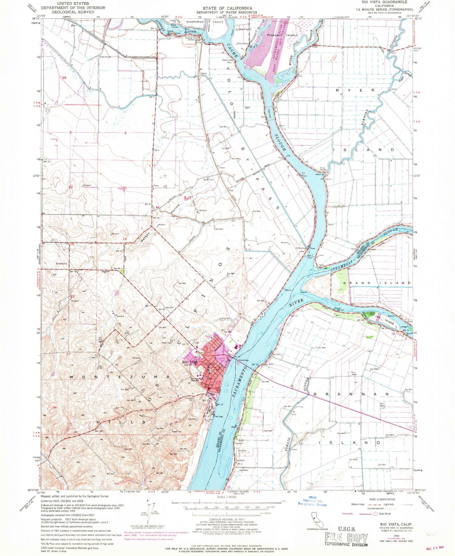Classic USGS Rio Vista California 7.5'x7.5' Topo Map Image