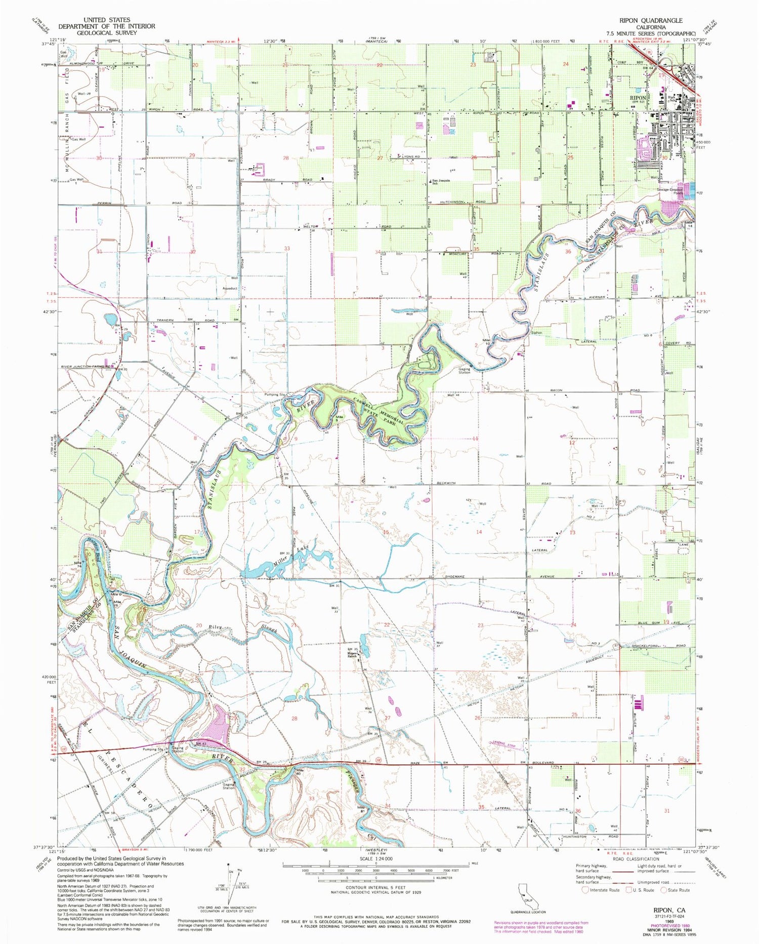 Classic USGS Ripon California 7.5'x7.5' Topo Map Image