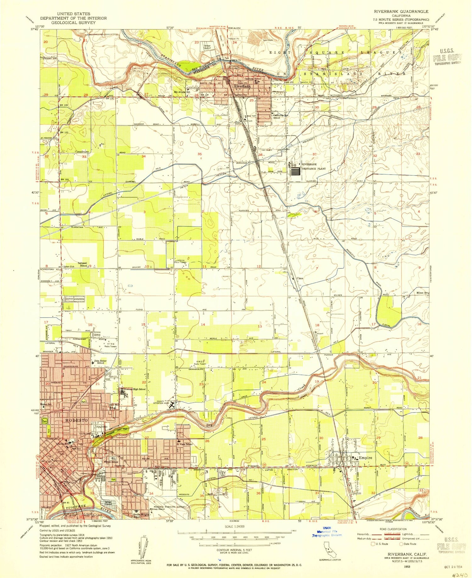 Classic USGS Riverbank California 7.5'x7.5' Topo Map Image