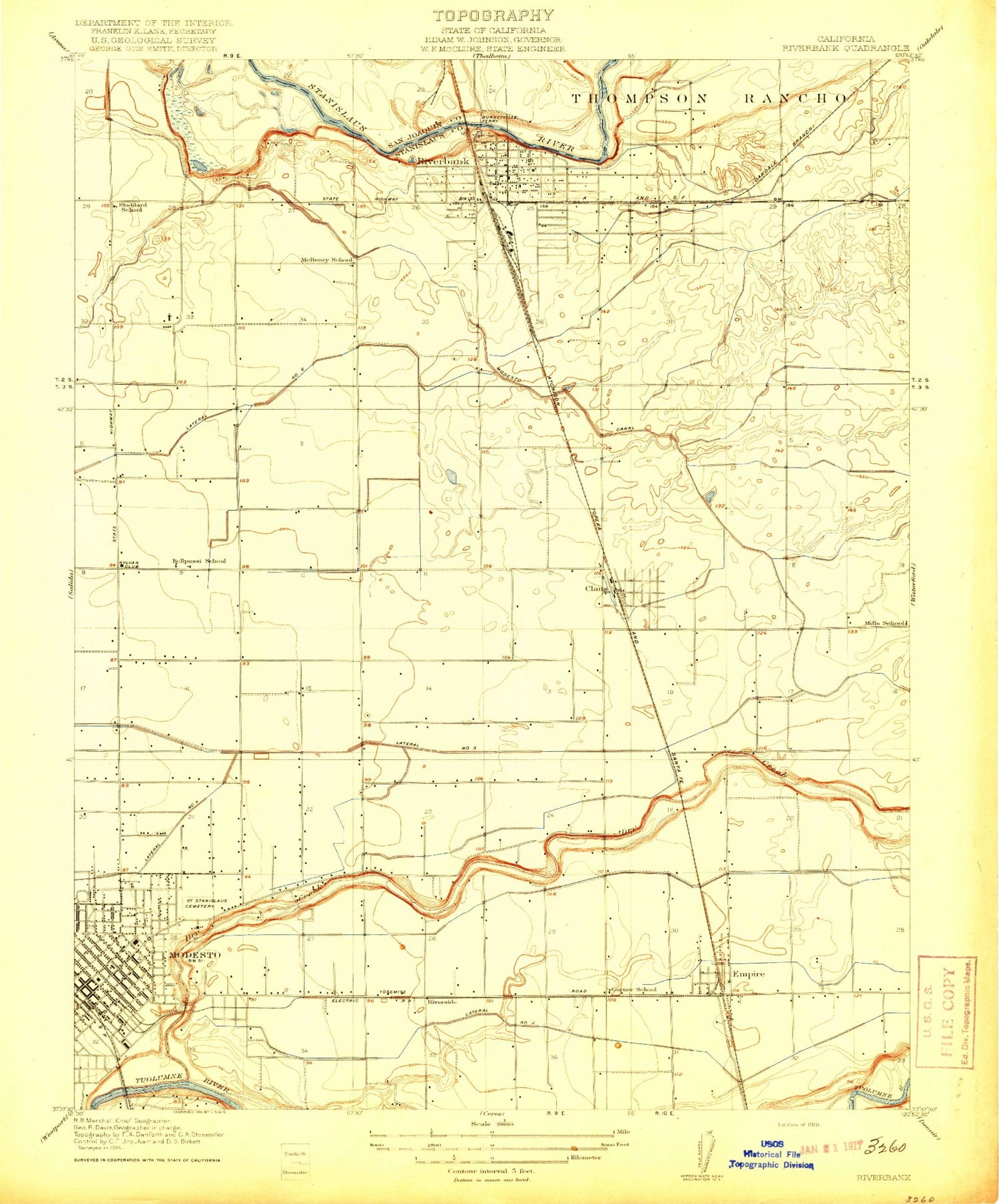 Classic USGS Riverbank California 7.5'x7.5' Topo Map Image
