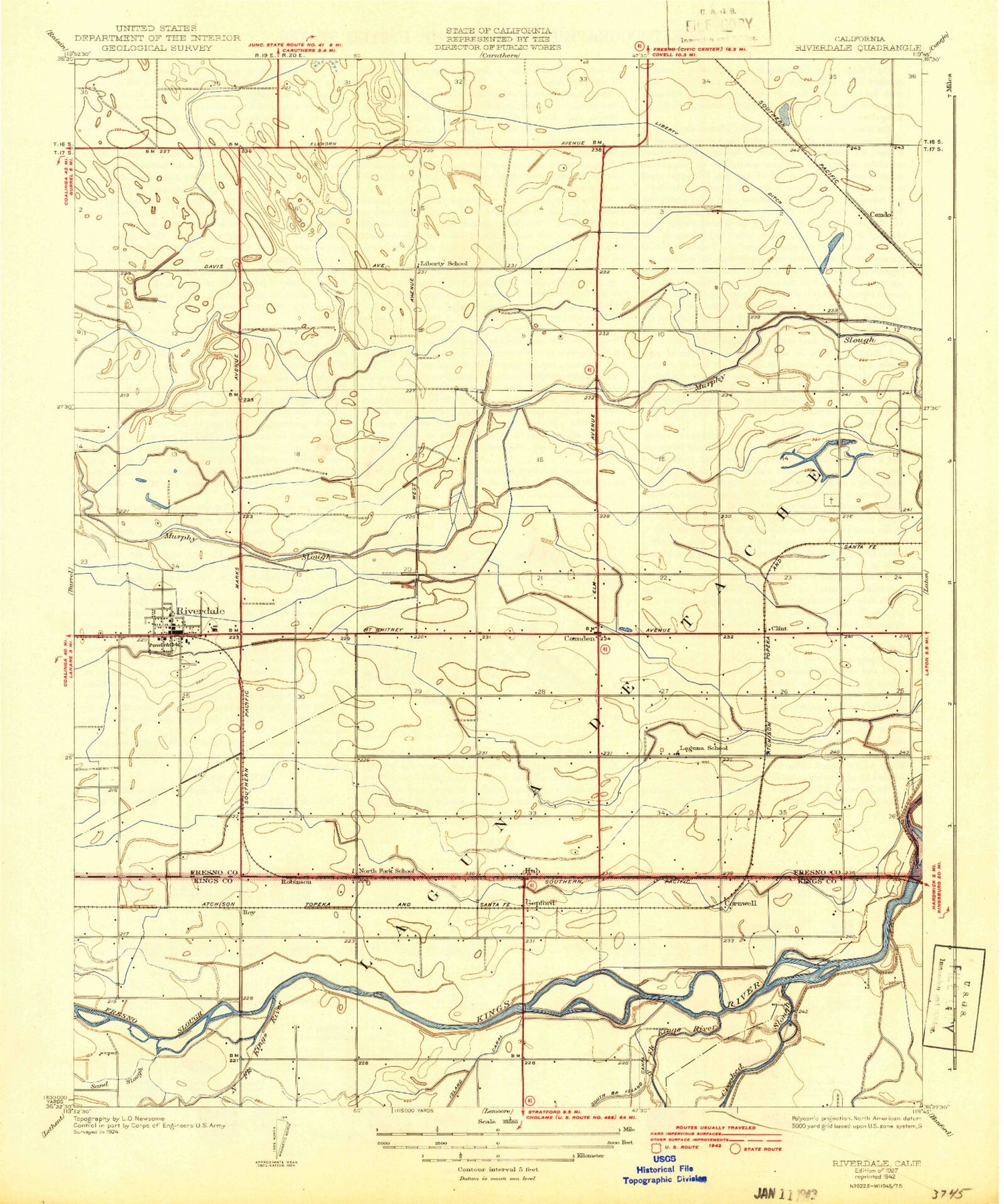 Classic USGS Riverdale California 7.5'x7.5' Topo Map Image