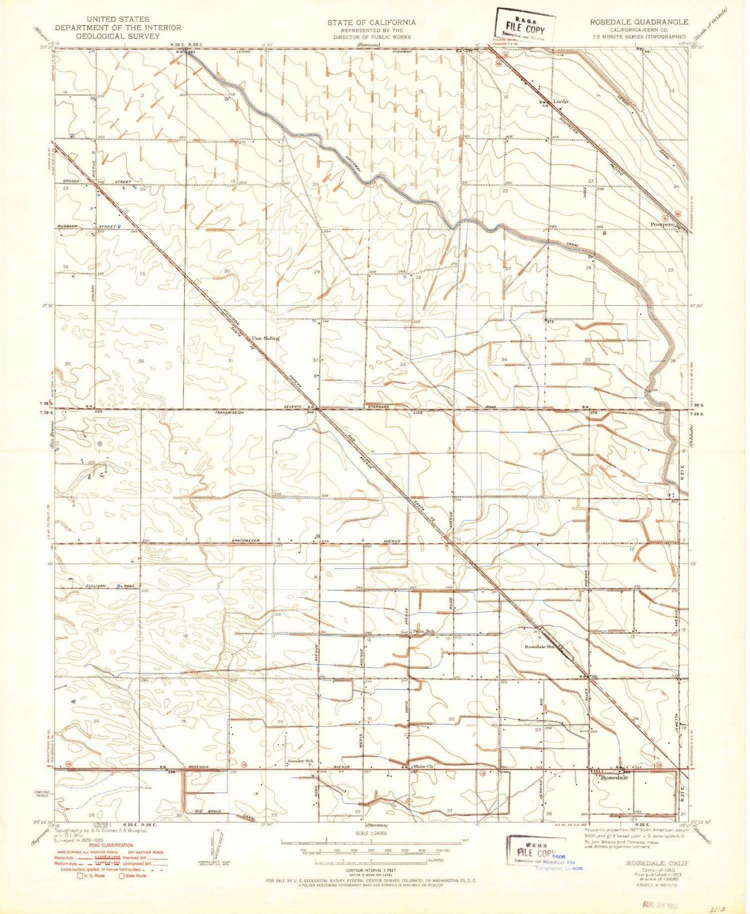 Classic USGS Rosedale California 7.5'x7.5' Topo Map Image