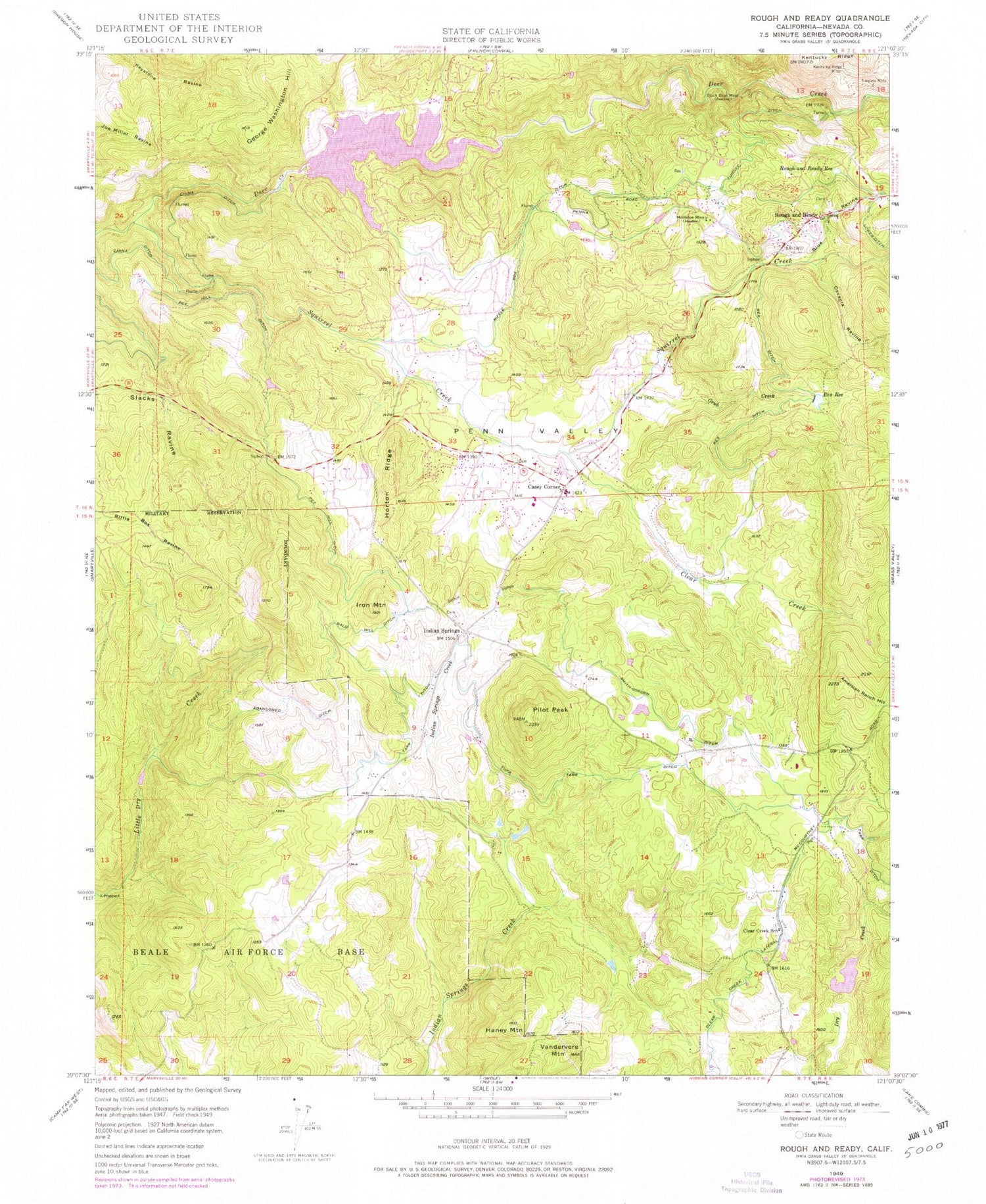 Classic USGS Rough And Ready California 7.5'x7.5' Topo Map Image