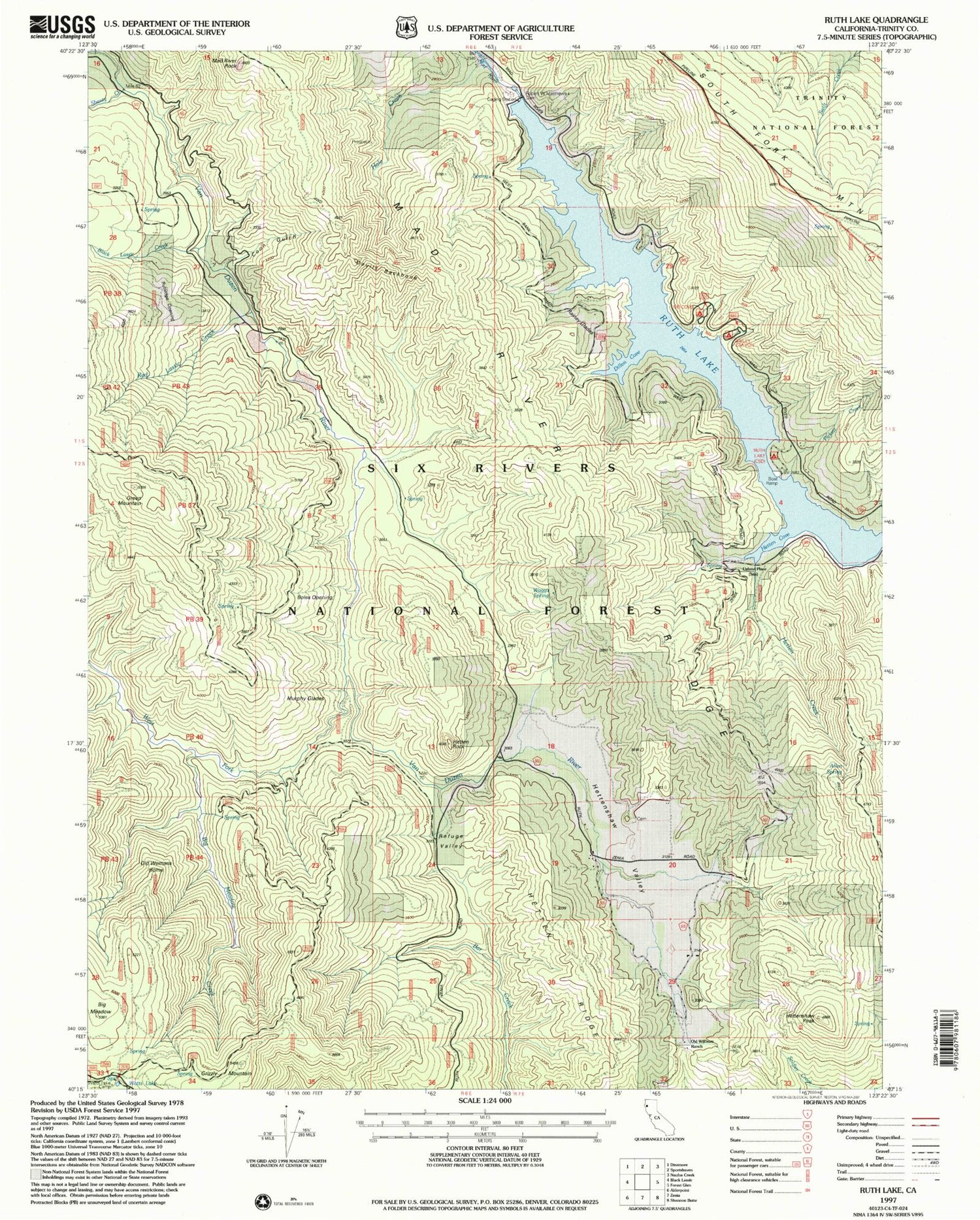 Classic USGS Ruth Lake California 7.5'x7.5' Topo Map Image