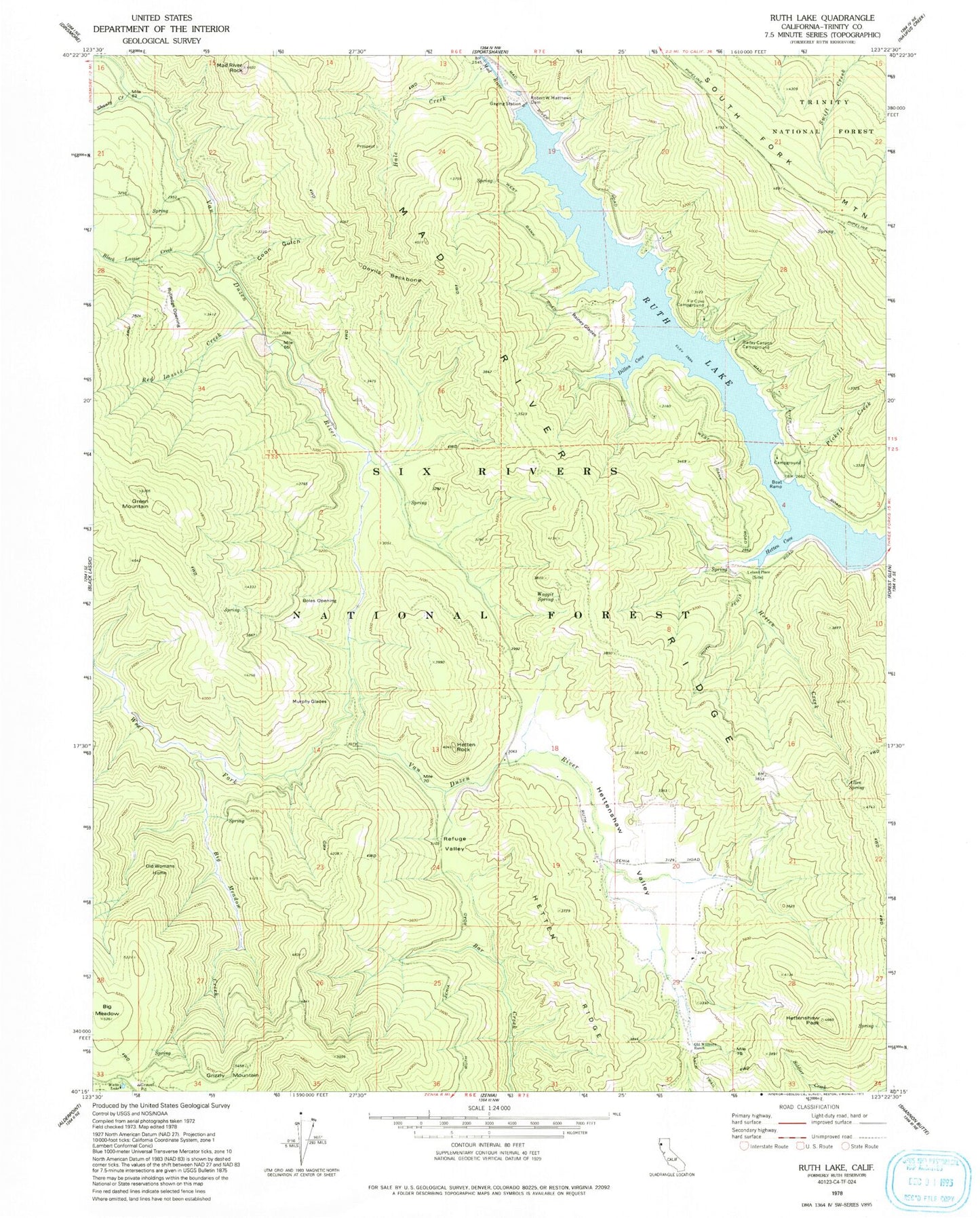 Classic USGS Ruth Lake California 7.5'x7.5' Topo Map Image