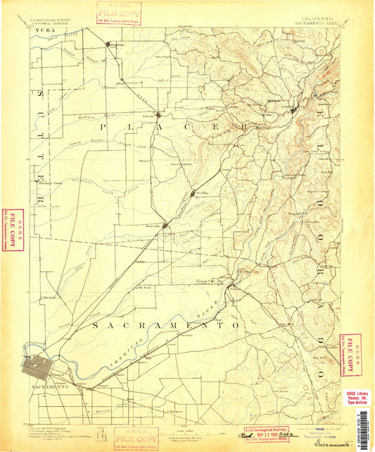 Historic 1893 Sacramento California 30'x30' Topo Map Image