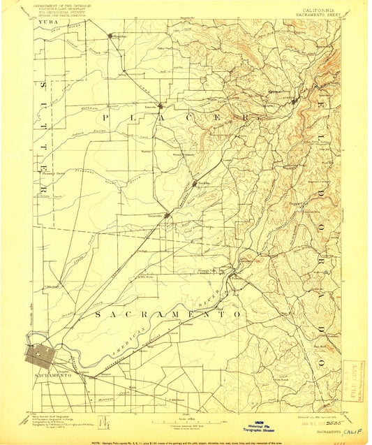 Historic 1892 Sacramento California 30'x30' Topo Map Image