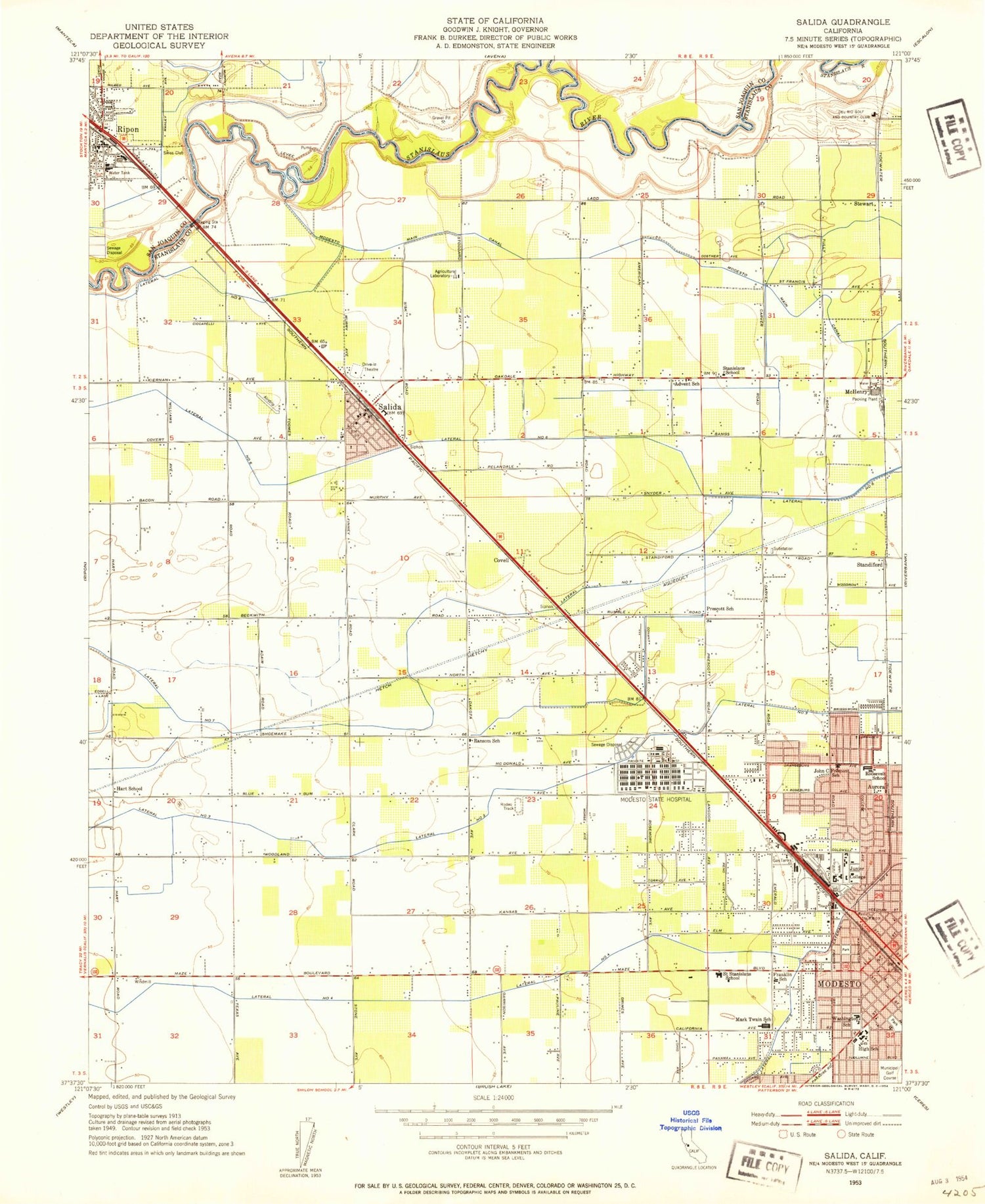 Classic USGS Salida California 7.5'x7.5' Topo Map Image