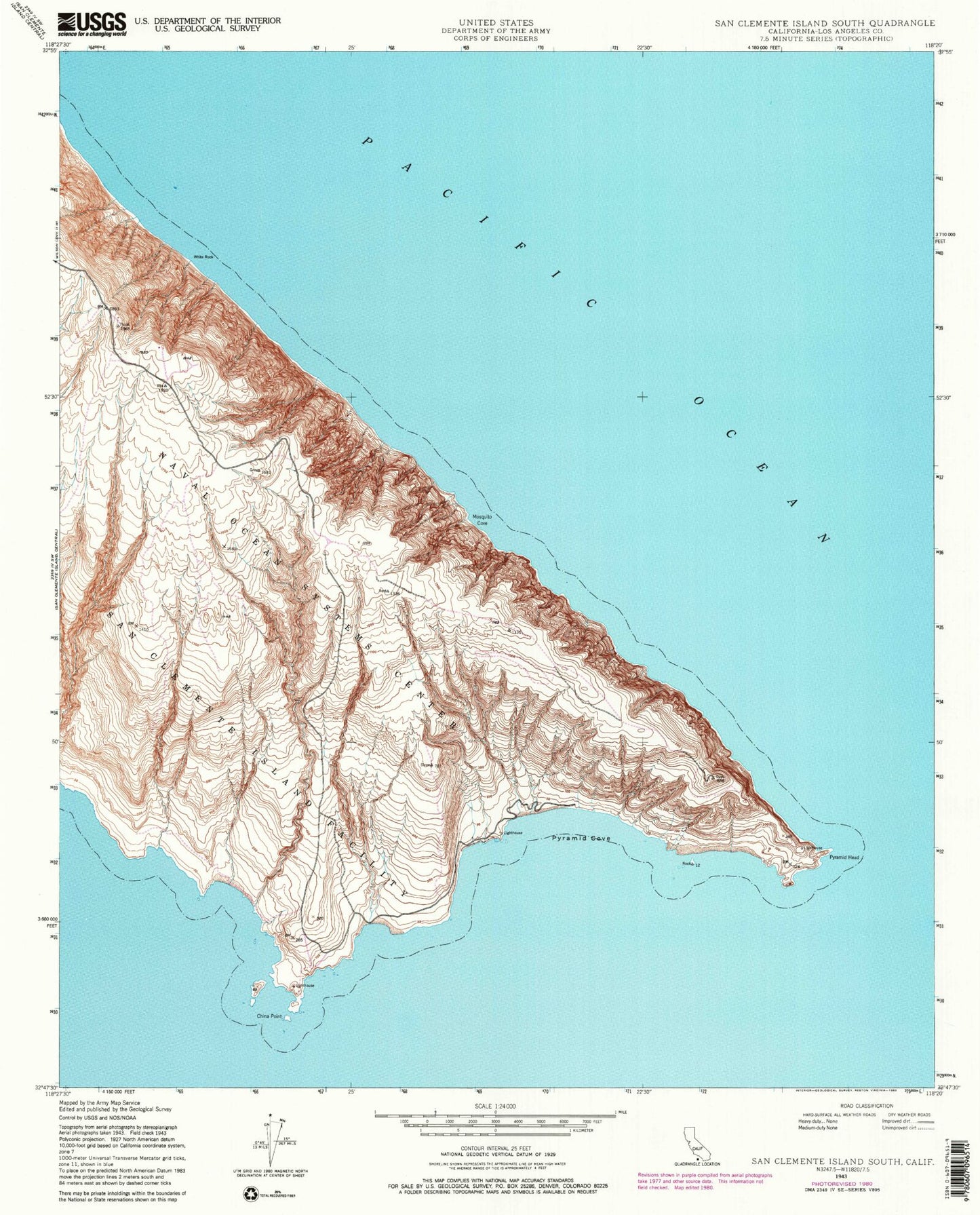 Classic USGS San Clemente Island South California 7.5'x7.5' Topo Map Image