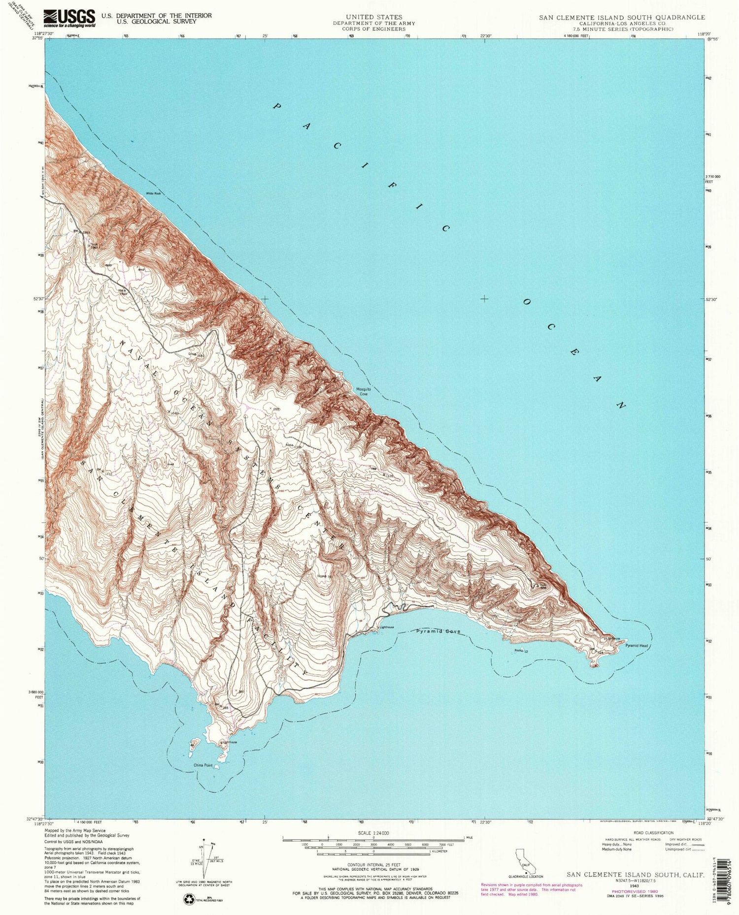 Classic USGS San Clemente Island South California 7.5'x7.5' Topo Map Image