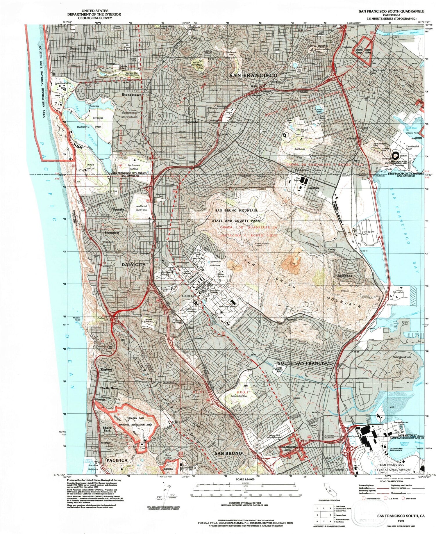 Classic USGS San Francisco South California 7.5'x7.5' Topo Map Image