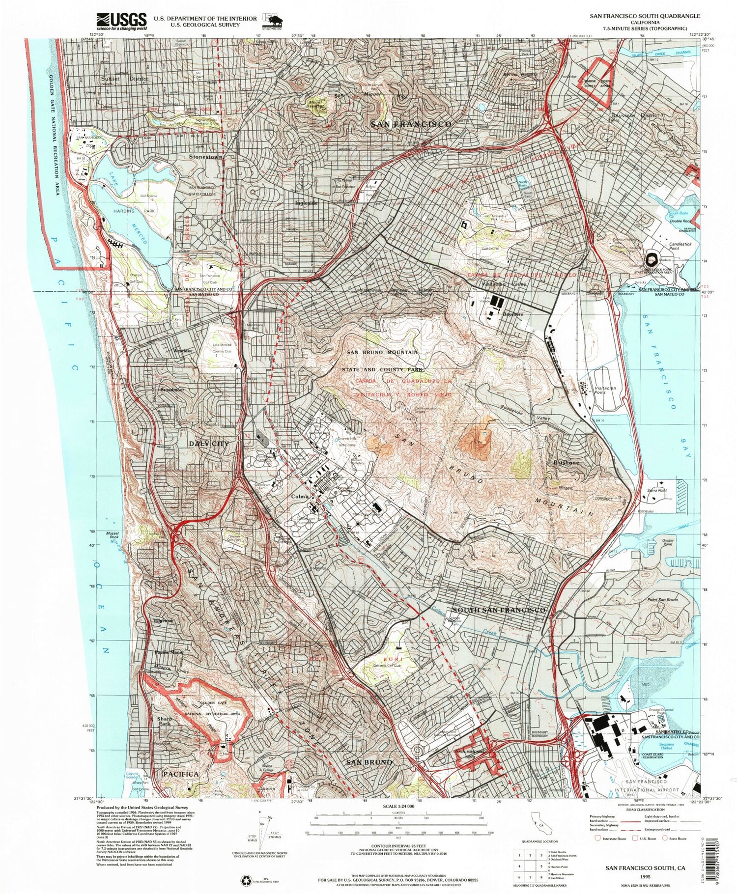 Classic USGS San Francisco South California 7.5'x7.5' Topo Map Image