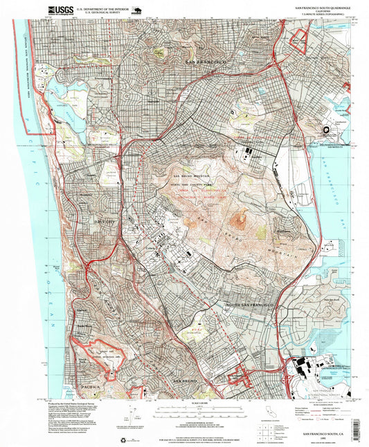 Classic USGS San Francisco South California 7.5'x7.5' Topo Map Image