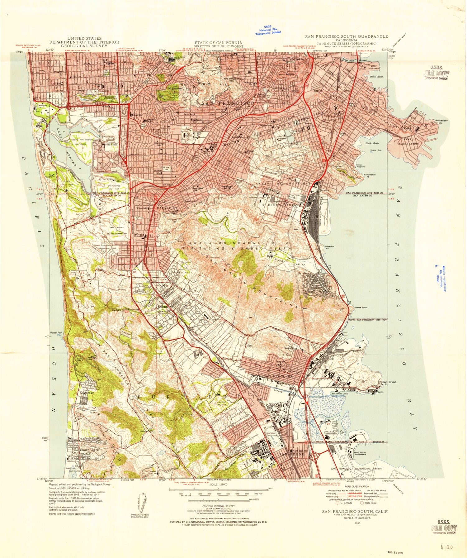Classic USGS San Francisco South California 7.5'x7.5' Topo Map Image