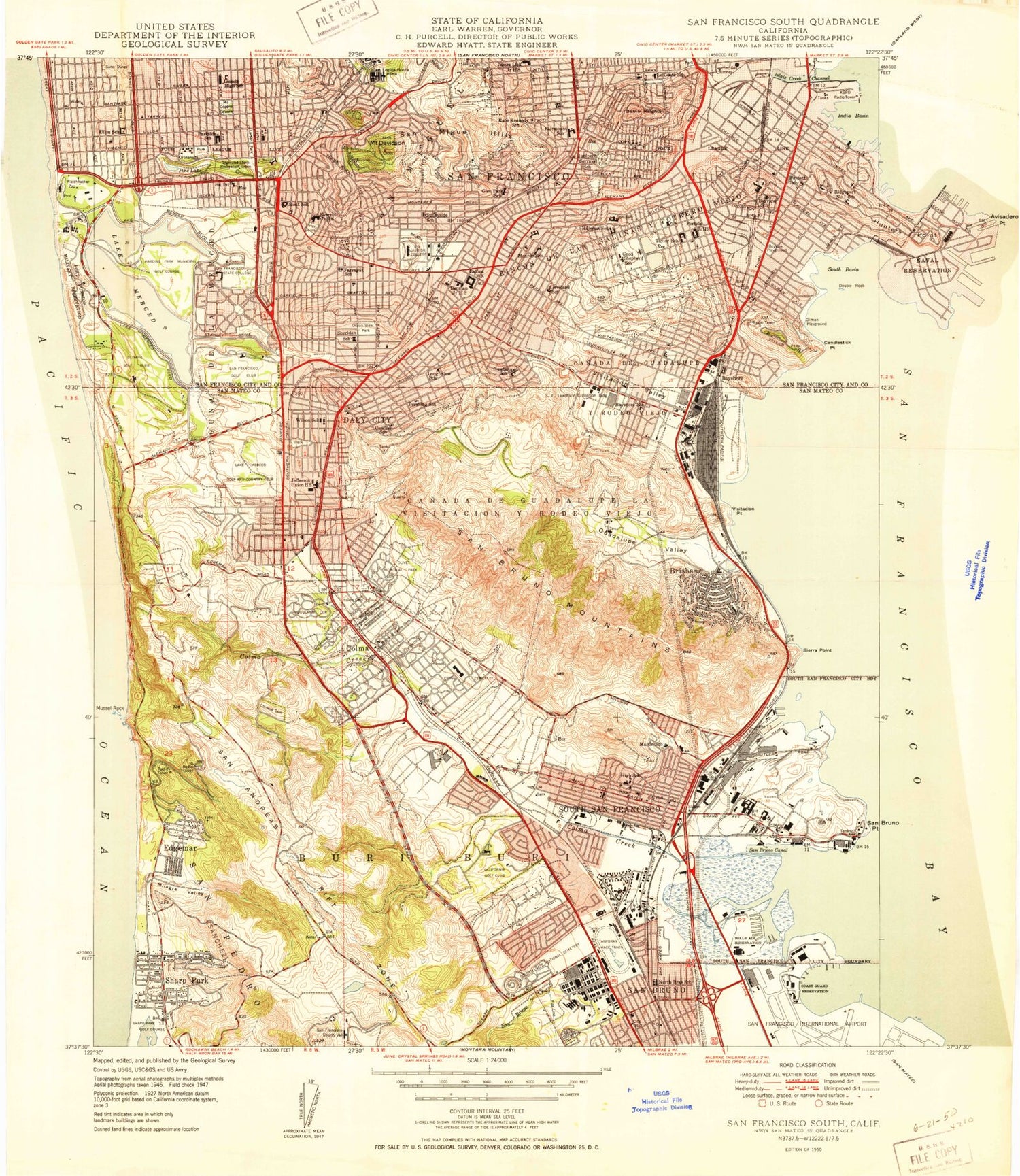 Classic USGS San Francisco South California 7.5'x7.5' Topo Map Image
