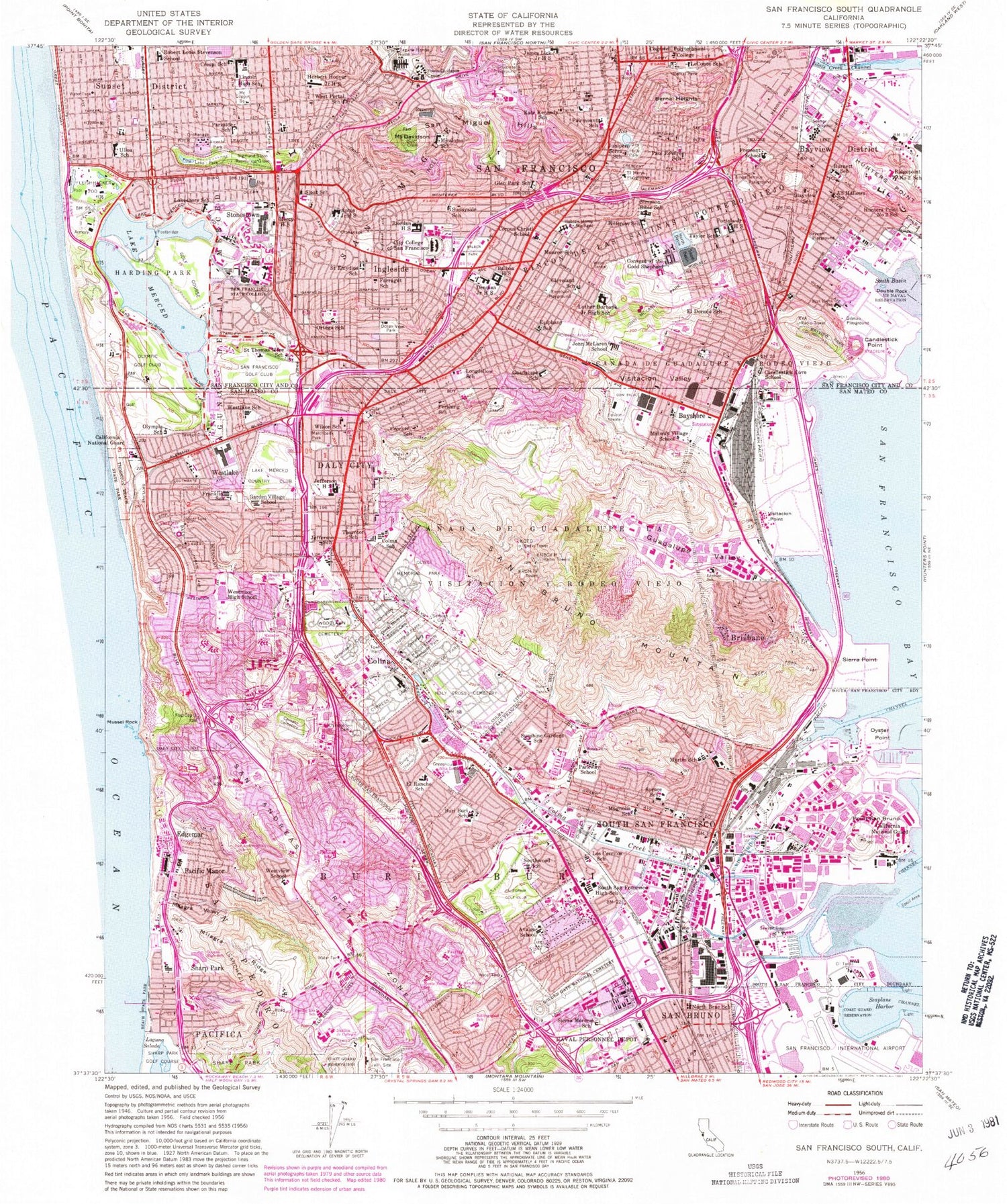 Classic USGS San Francisco South California 7.5'x7.5' Topo Map Image