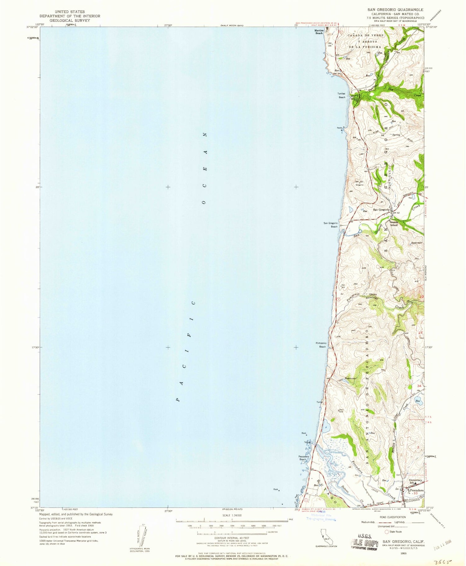 Classic USGS San Gregorio California 7.5'x7.5' Topo Map Image