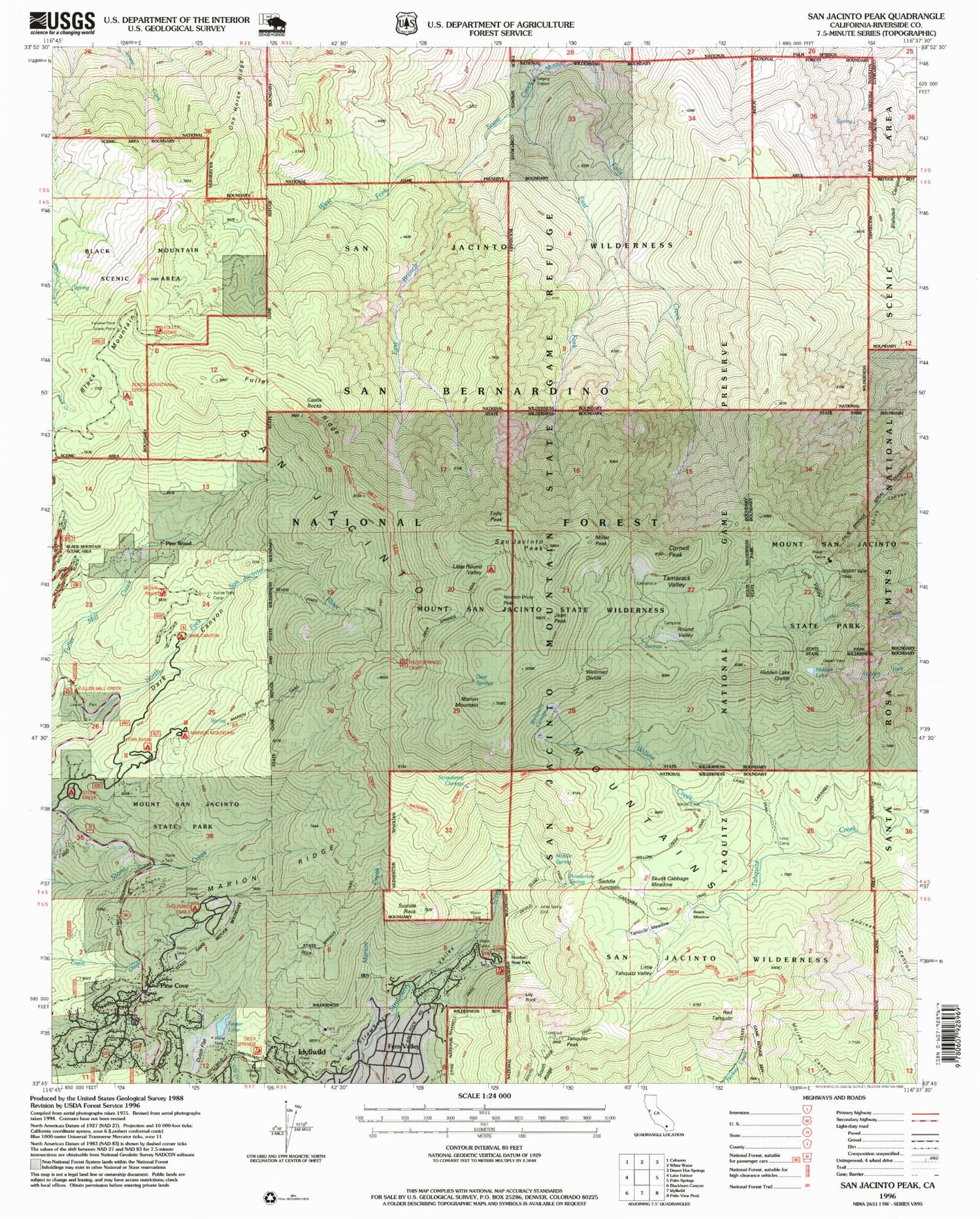 USGS Classic San Jacinto Peak California 7.5'x7.5' Topo Map Image