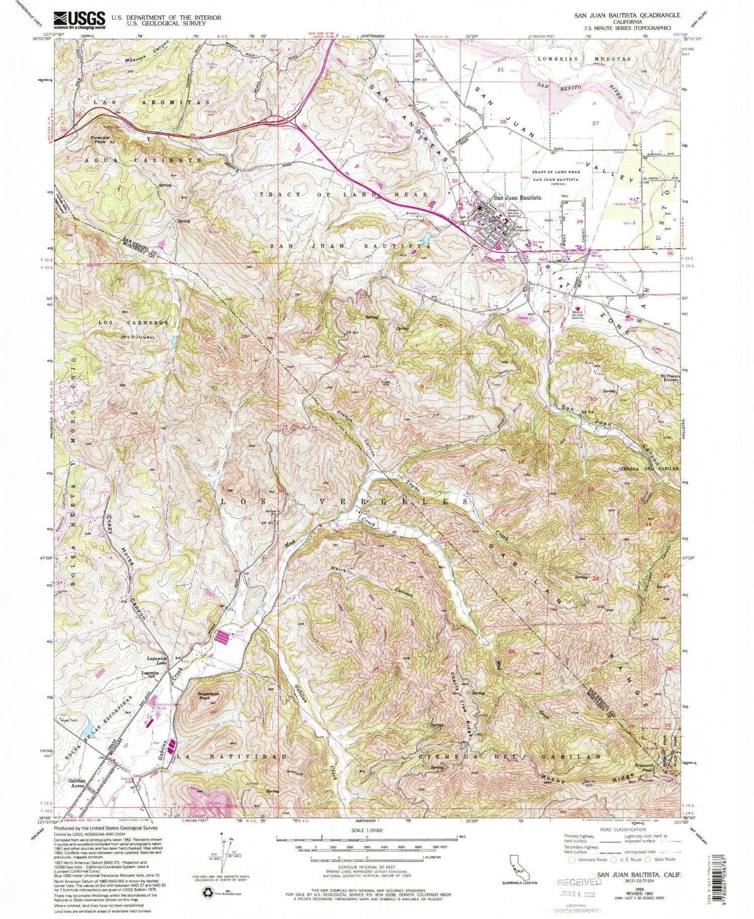 Classic USGS San Juan Bautista California 7.5'x7.5' Topo Map Image