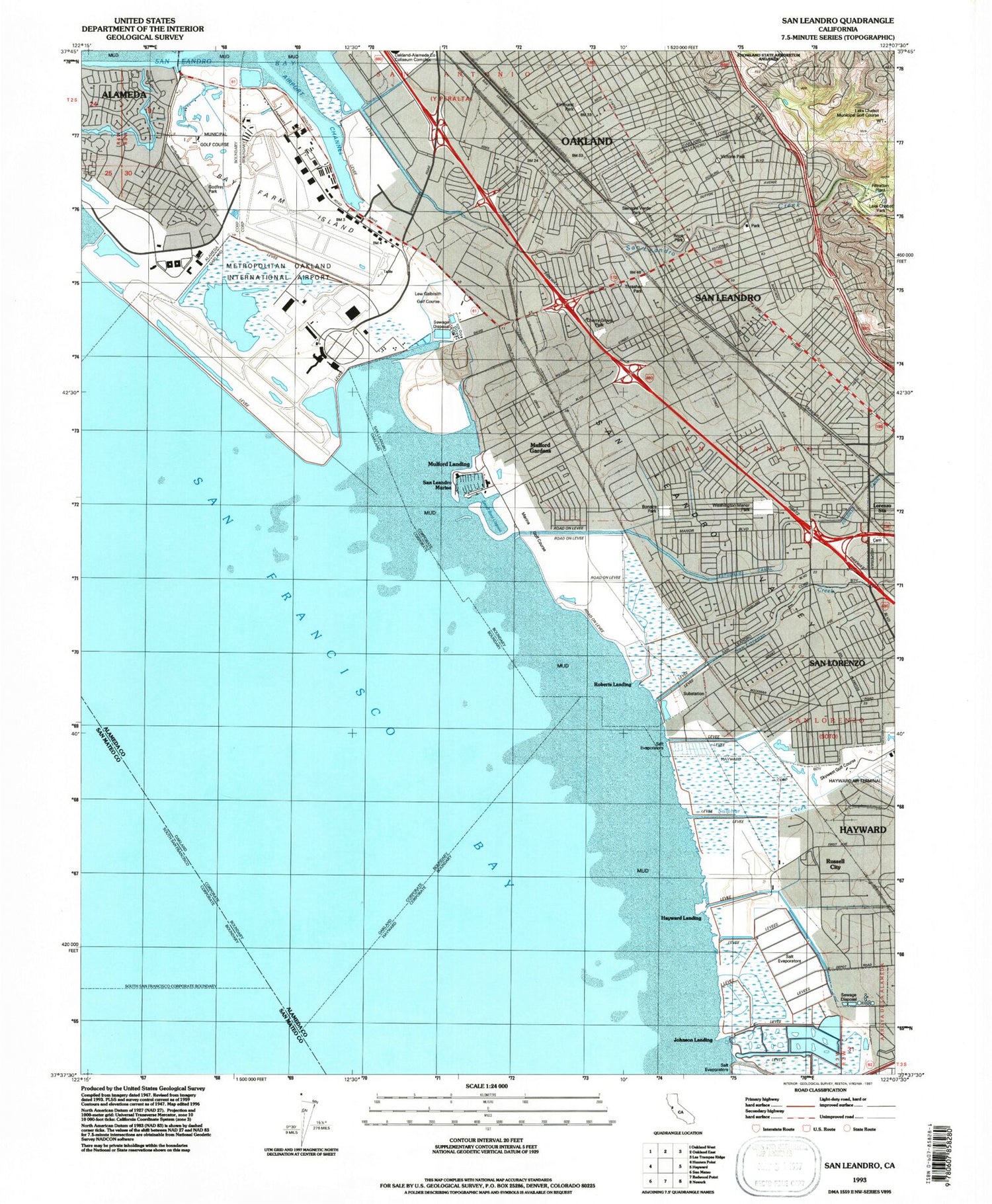 Classic USGS San Leandro California 7.5'x7.5' Topo Map Image