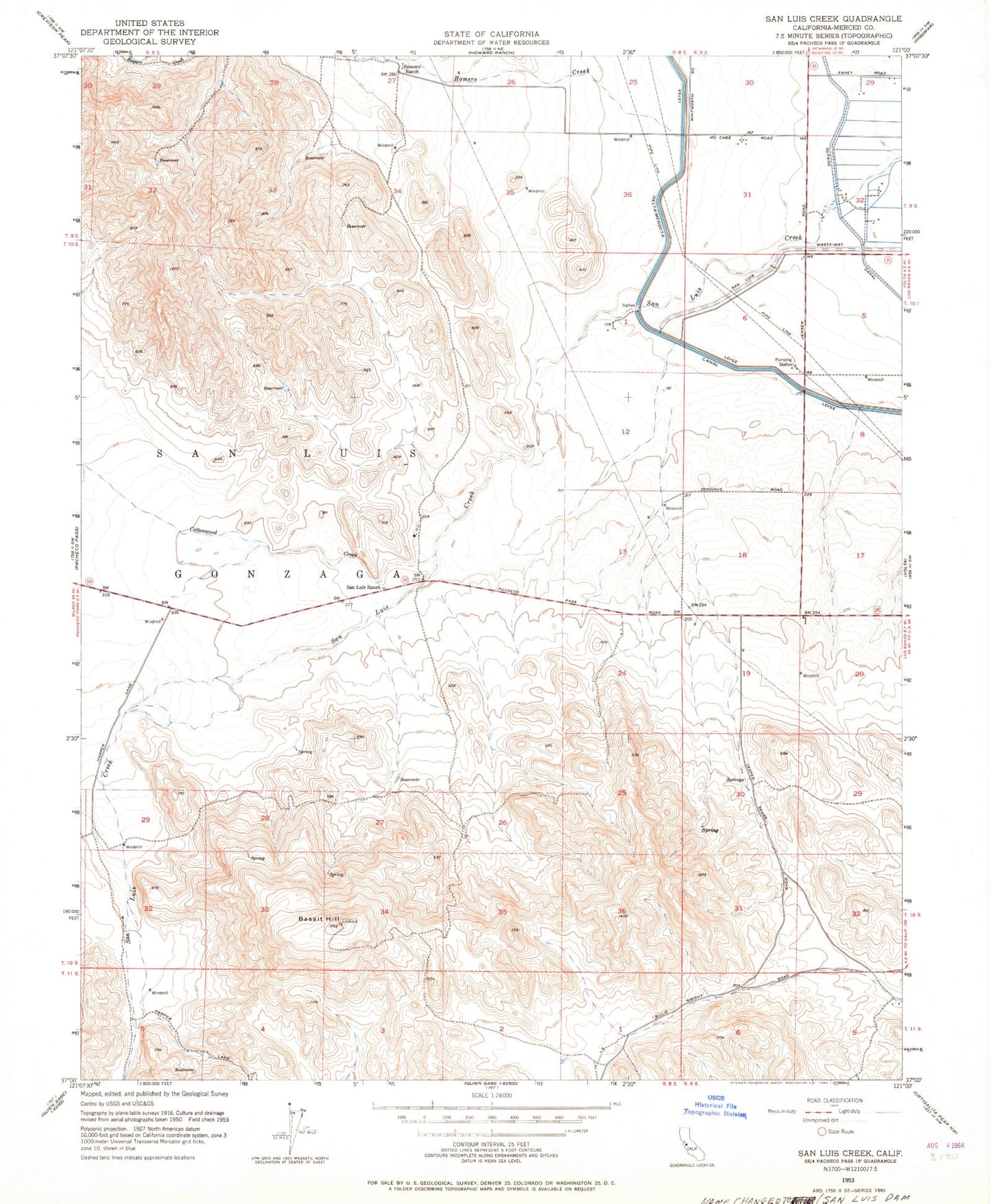 Classic USGS San Luis Dam California 7.5'x7.5' Topo Map Image
