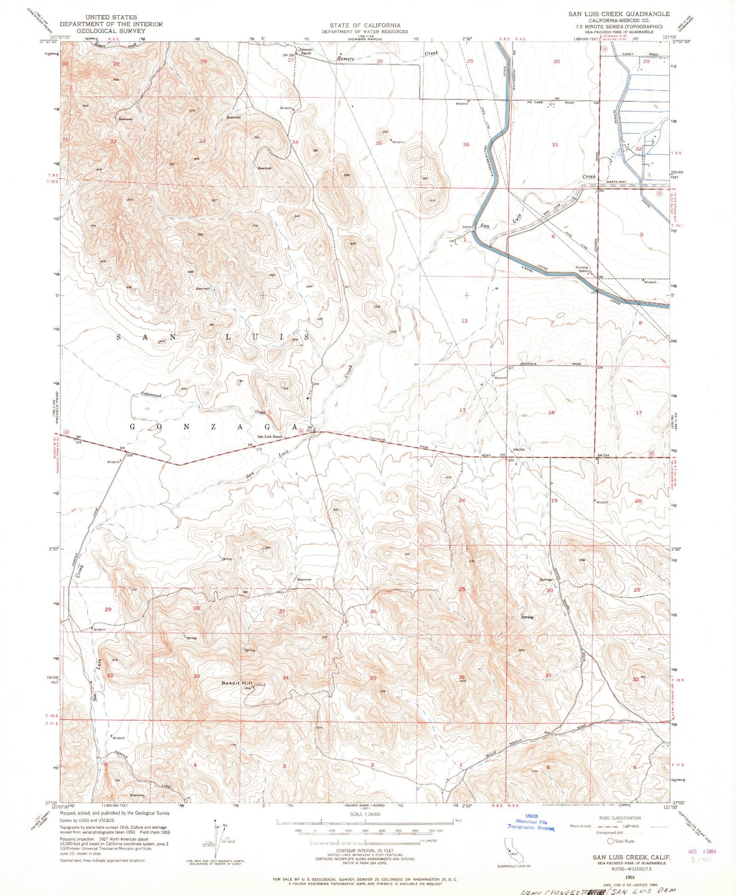 Classic USGS San Luis Dam California 7.5'x7.5' Topo Map Image