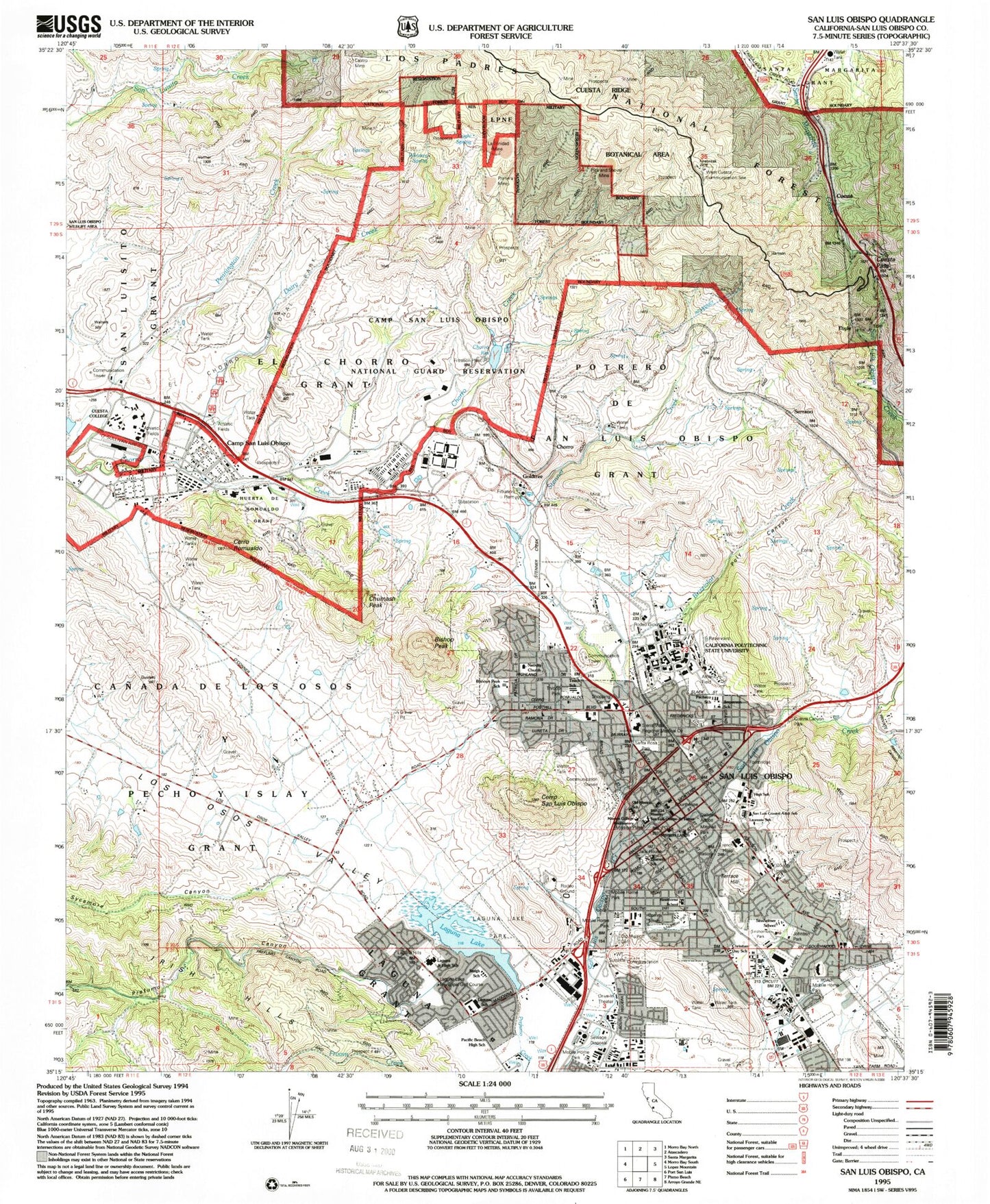 Classic USGS San Luis Obispo California 7.5'x7.5' Topo Map Image